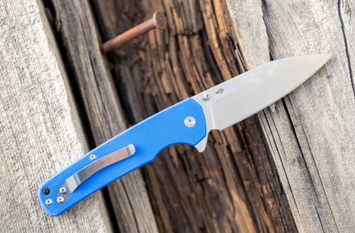 Daily Carry Co. Gauntlet Model D Button Lock Folding Knife Satin Drop Point/Blue G-10 DCGD1 View 1