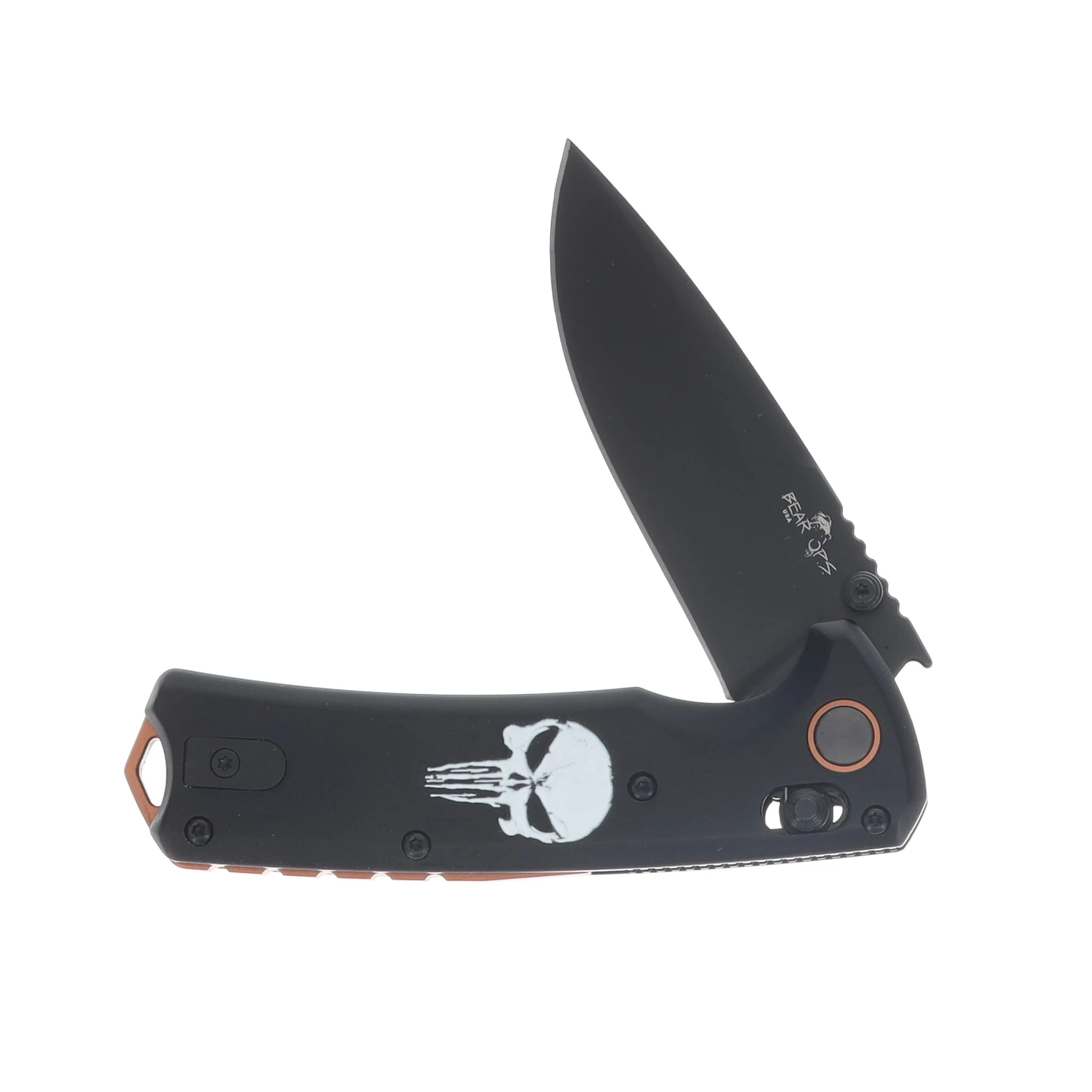 Bear & Son Nekama II Slide Lock Folding Knife DLC 14C28N Drop Point/Black & Copper Skull UMC-1100-ALBK-BSK SKULL View 3