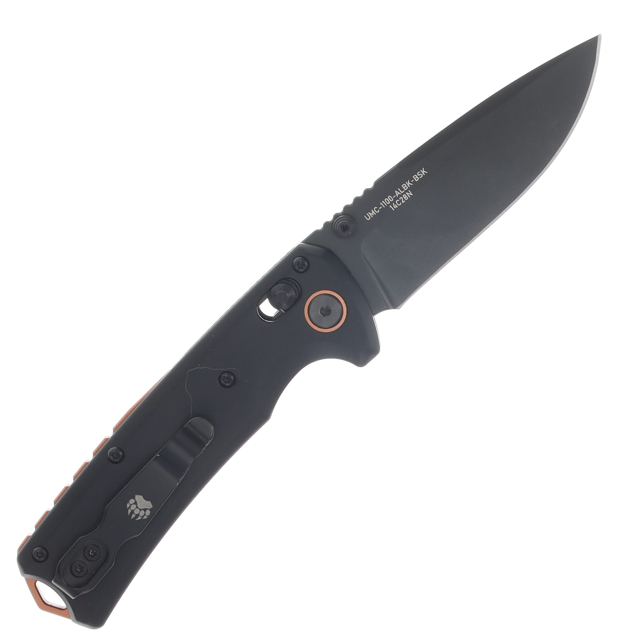 Bear & Son Nekama II Slide Lock Folding Knife DLC 14C28N Drop Point/Black & Copper Skull UMC-1100-ALBK-BSK SKULL View 2