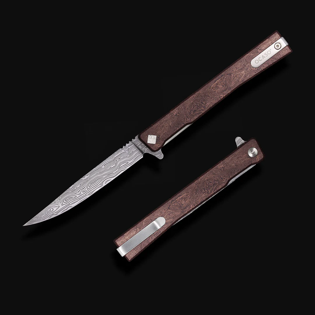 Ocaso Knives Solstice Damasteel Folding Knife Space Coral Handle Damasteel Bifrost DS93X Blade View 1