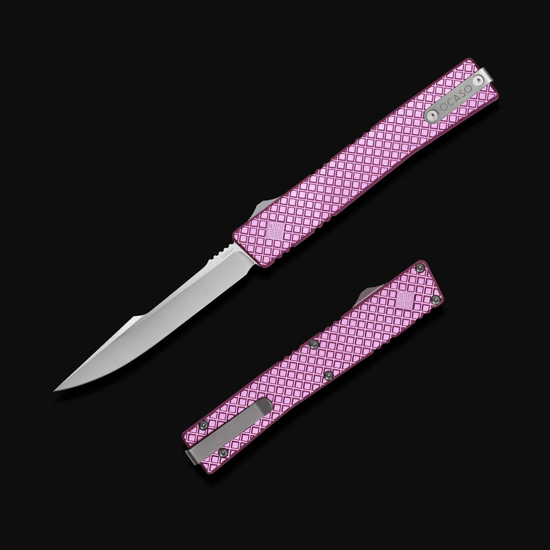 Ocaso Knives OTF Auto Lucent Large Pink Diamond Handle M390 Harpoon Blade 18LLP View 6