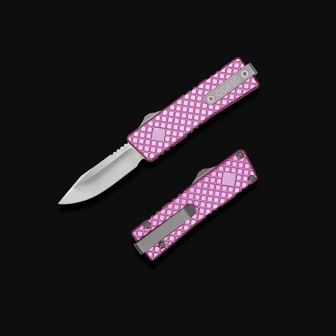 Ocaso Knives OTF Auto Lucent Mini Pink Diamond Handle Satin Clip Point Blade 18LMP View 1