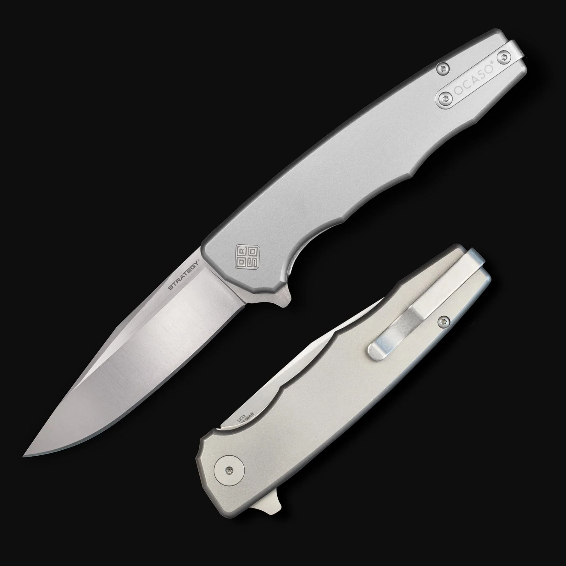 Ocaso Knives Strategy Folding Knife Anodized Titanium Handle Satin PVD S35VN Blade 29TAS View 1