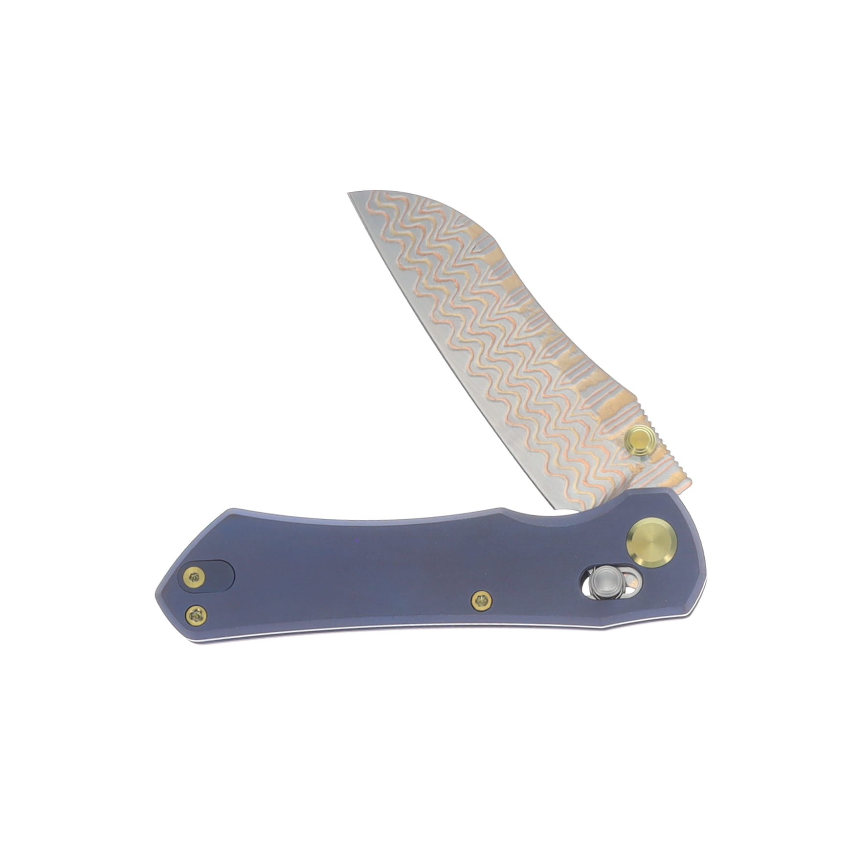 GEO Knife Komodo Damascus Steel & Copper Blade(10Cr15CoMoV) Stonewash Blue Ti Handle Axis lock GEO2509B View 3