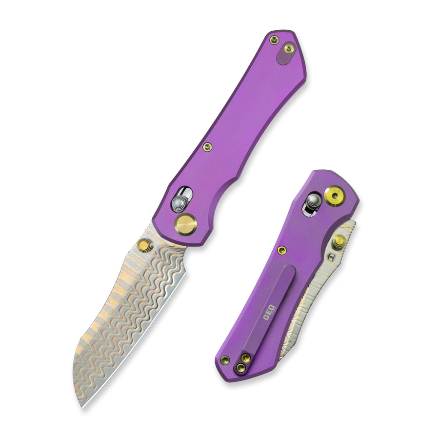 GEO Knife Komodo Damascus Steel & Copper Blade(10Cr15CoMoV) Stonewash Purple Ti Handle Axis lock GEO2509C View 6