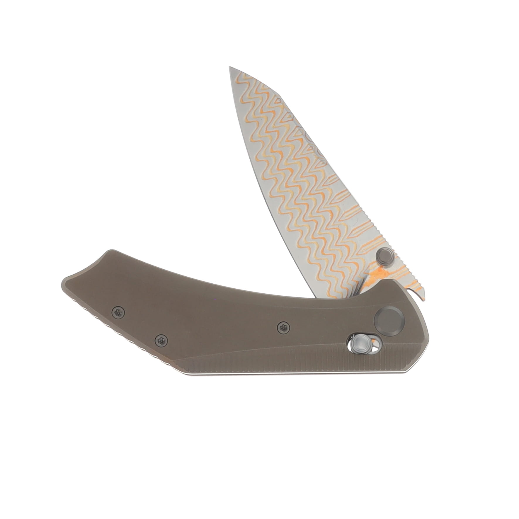 GEO Knife DIVID Damascus Steel & Copper Blade(10Cr15CoMoV) Stonewash Bronze Ti Handle Axis lock GEO2507D View 3