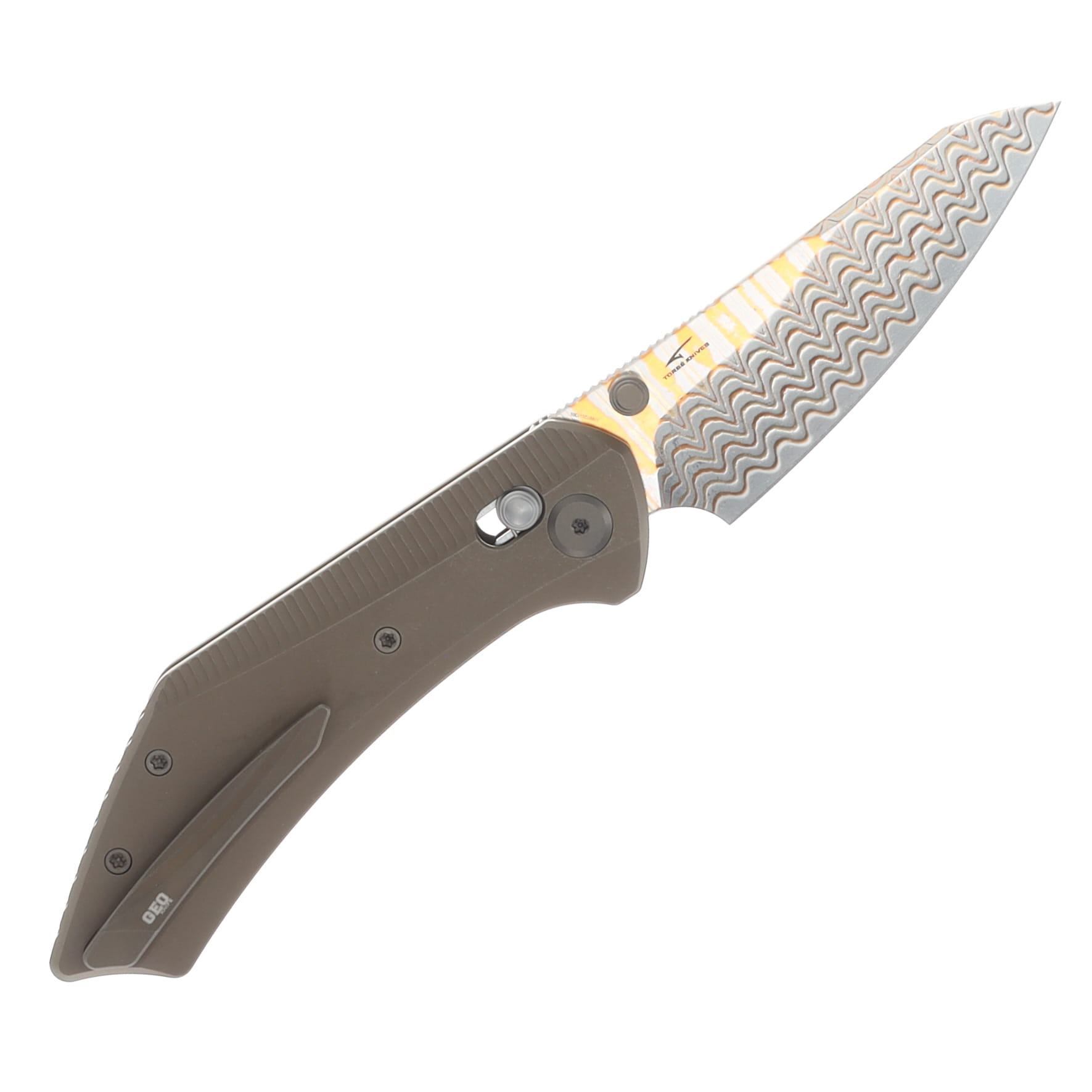 GEO Knife DIVID Damascus Steel & Copper Blade(10Cr15CoMoV) Stonewash Bronze Ti Handle Axis lock GEO2507D View 2