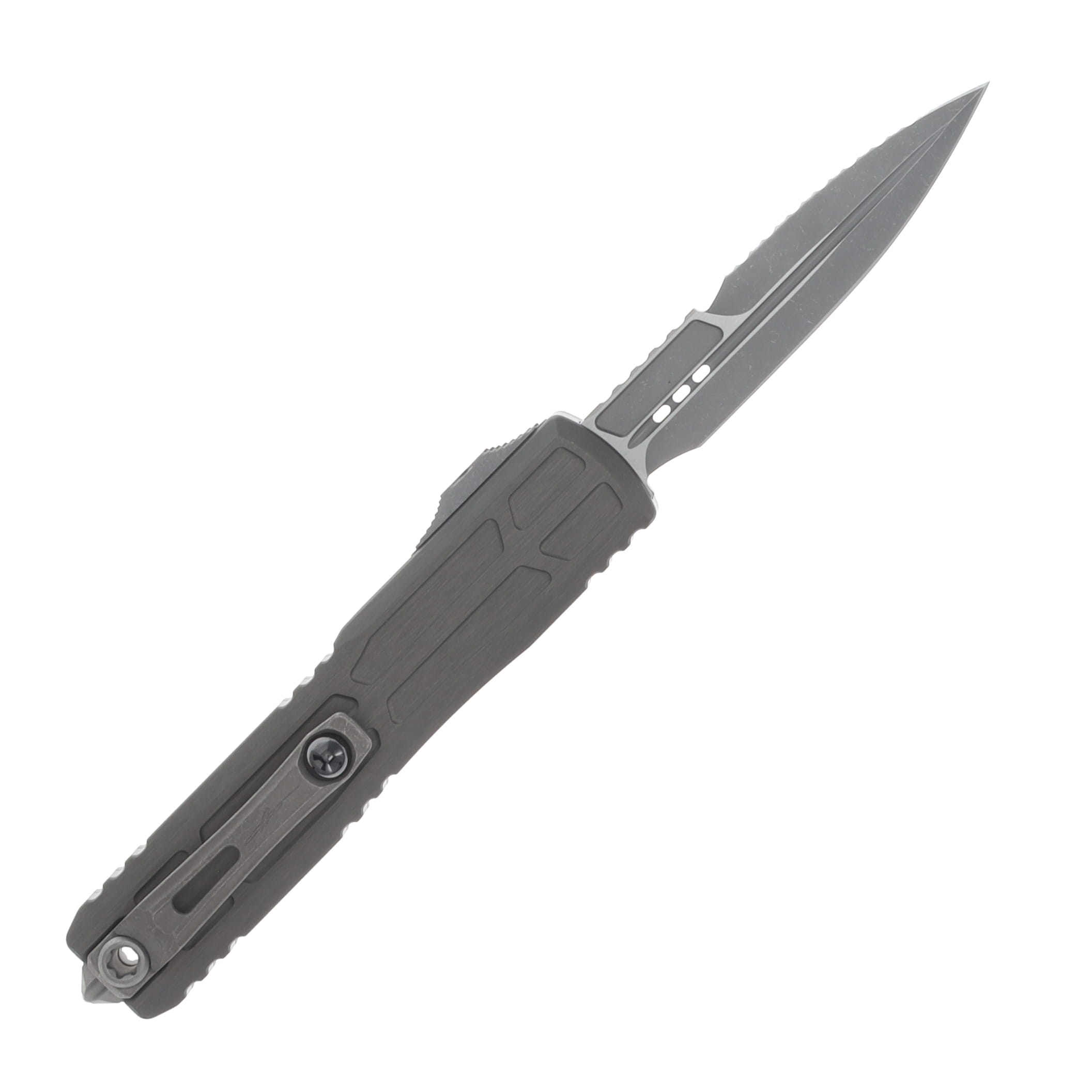 Microtech Ultratech EX-ZBP Signature Series OTF Automatic Apocalyptic Serrated Bayonet/Black AUMT1120EX12APNCS View 2