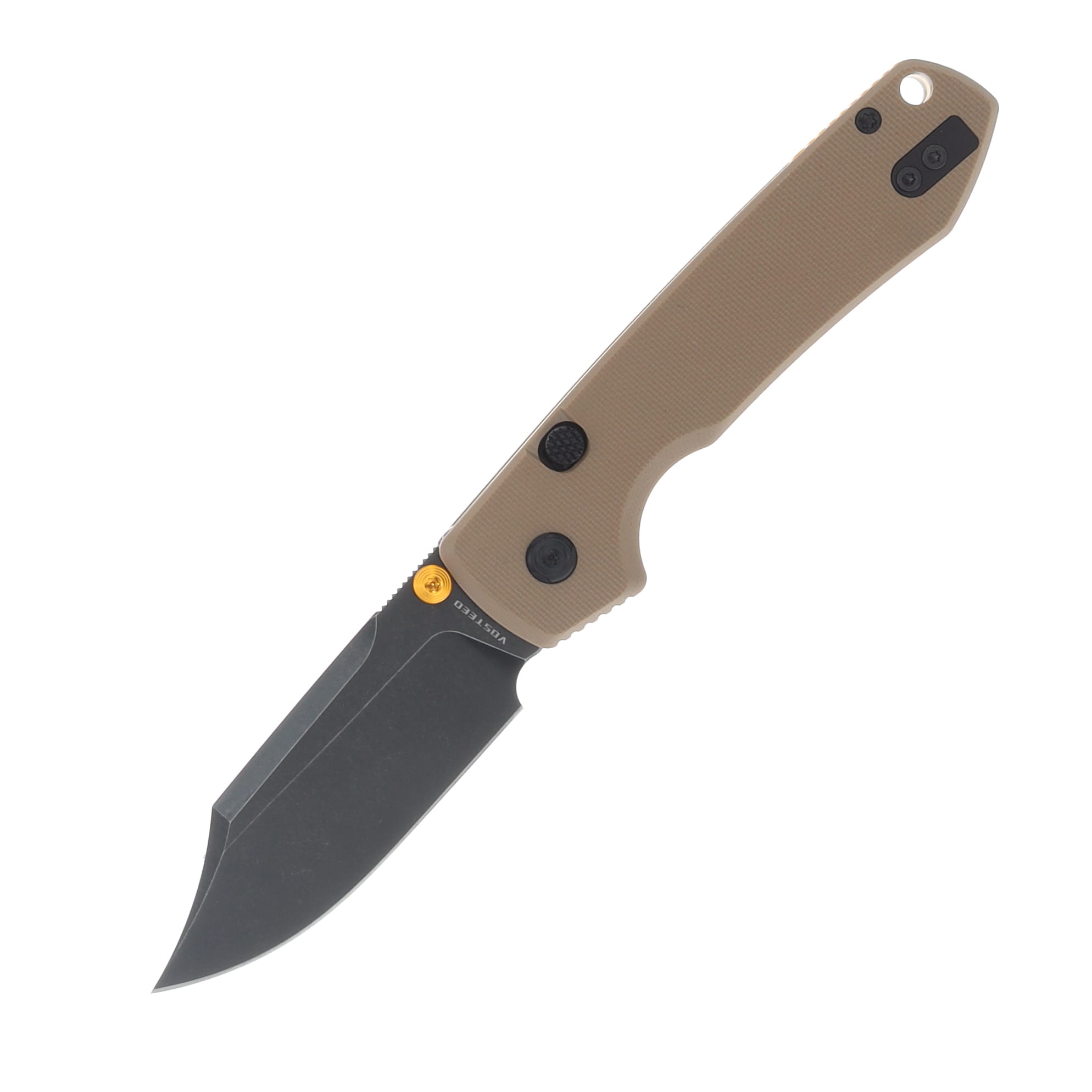 Vosteed Raccoon Folding Knife Top Linerlock Black Stonewash 14C28N Bowie/Sand G-10 A2927 View 1