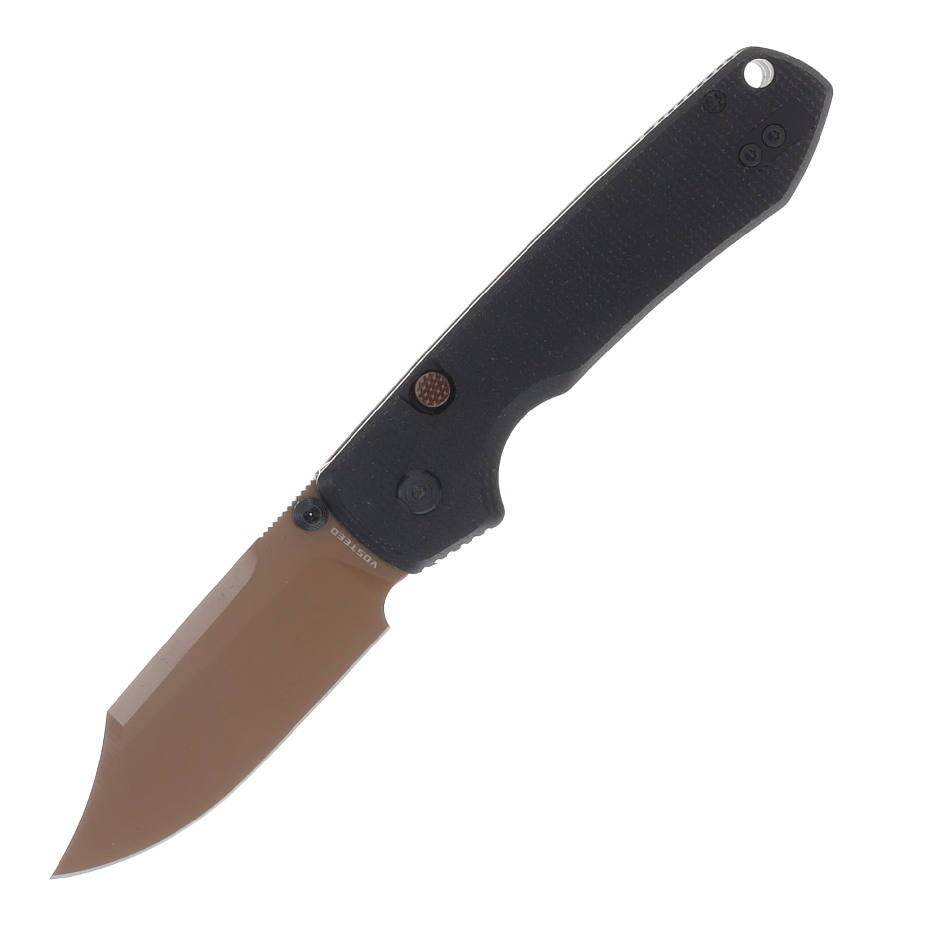 Vosteed Raccoon Folding Knife Top Linerlock Copper Dune 14C28N Bowie/Black G-10 A2926 View 1
