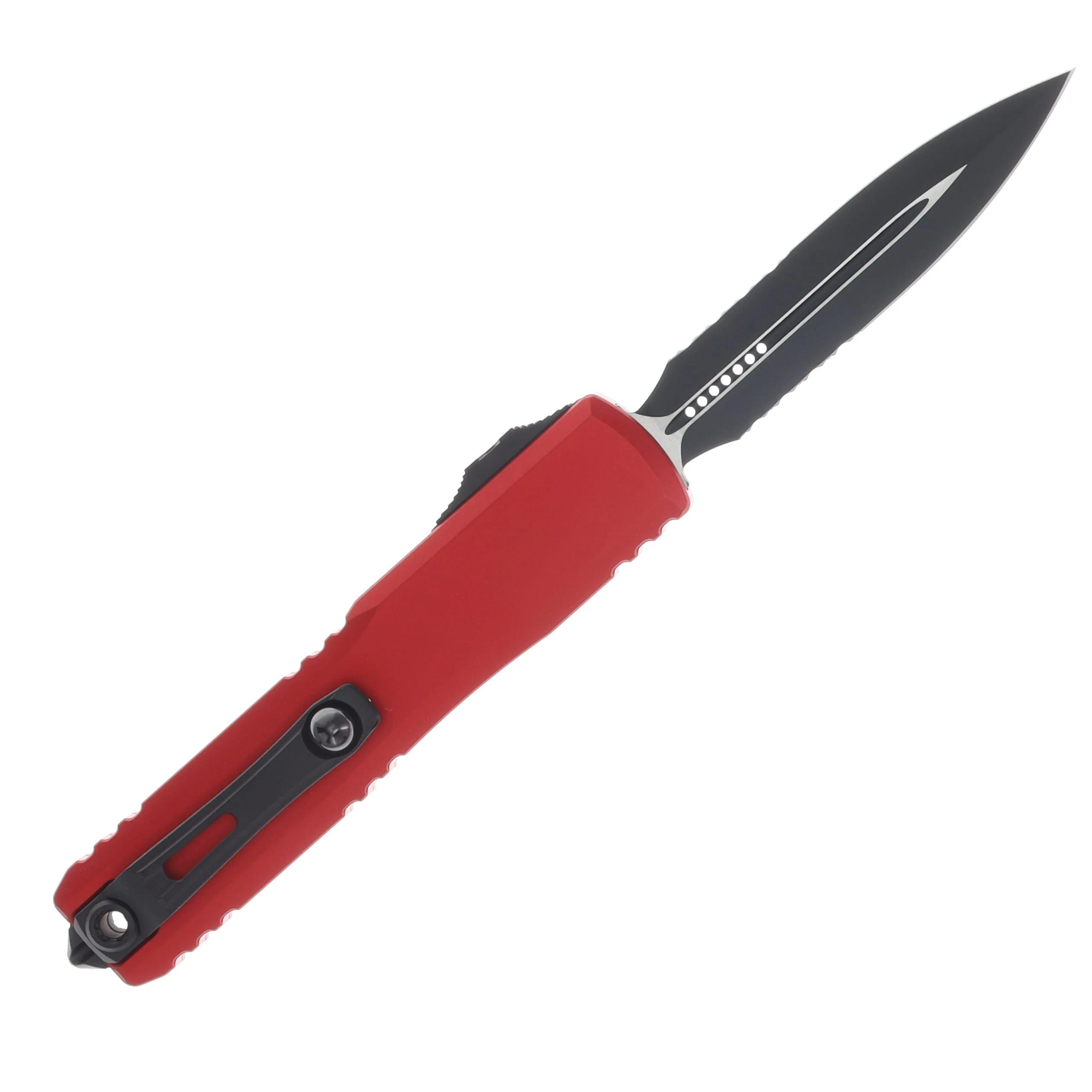 Microtech Ultratech GEN IV OTF Auto D/E Black Part Serrate Blade Red Handle AUMT112242RD View 2