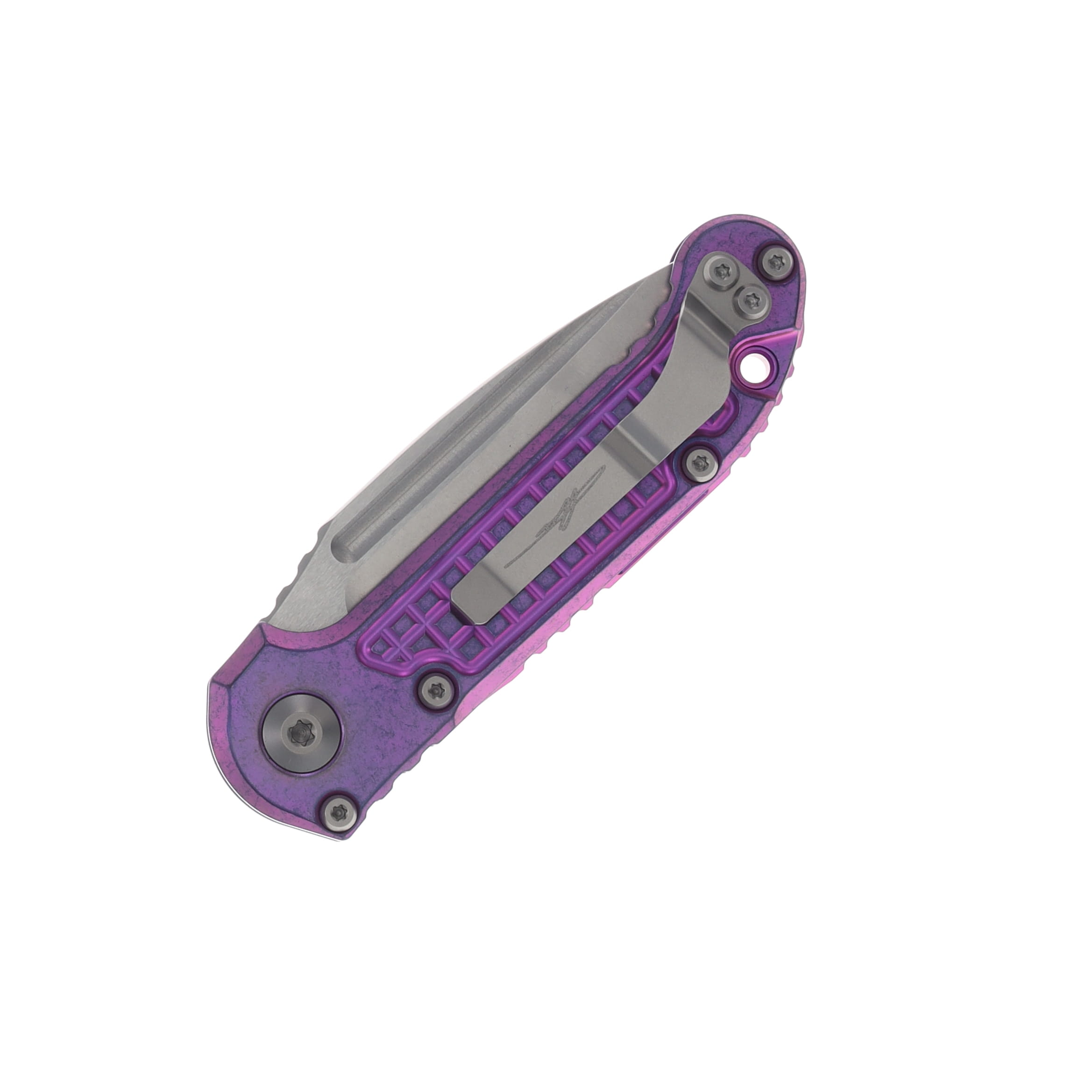 Microtech LUDT OTS Auto Clip Point Marifone Select SW Finish Purple Haze Anodized Frag Pattern Titanium W/Purple Titanium Accent AUMT113510FRMS5 View 4