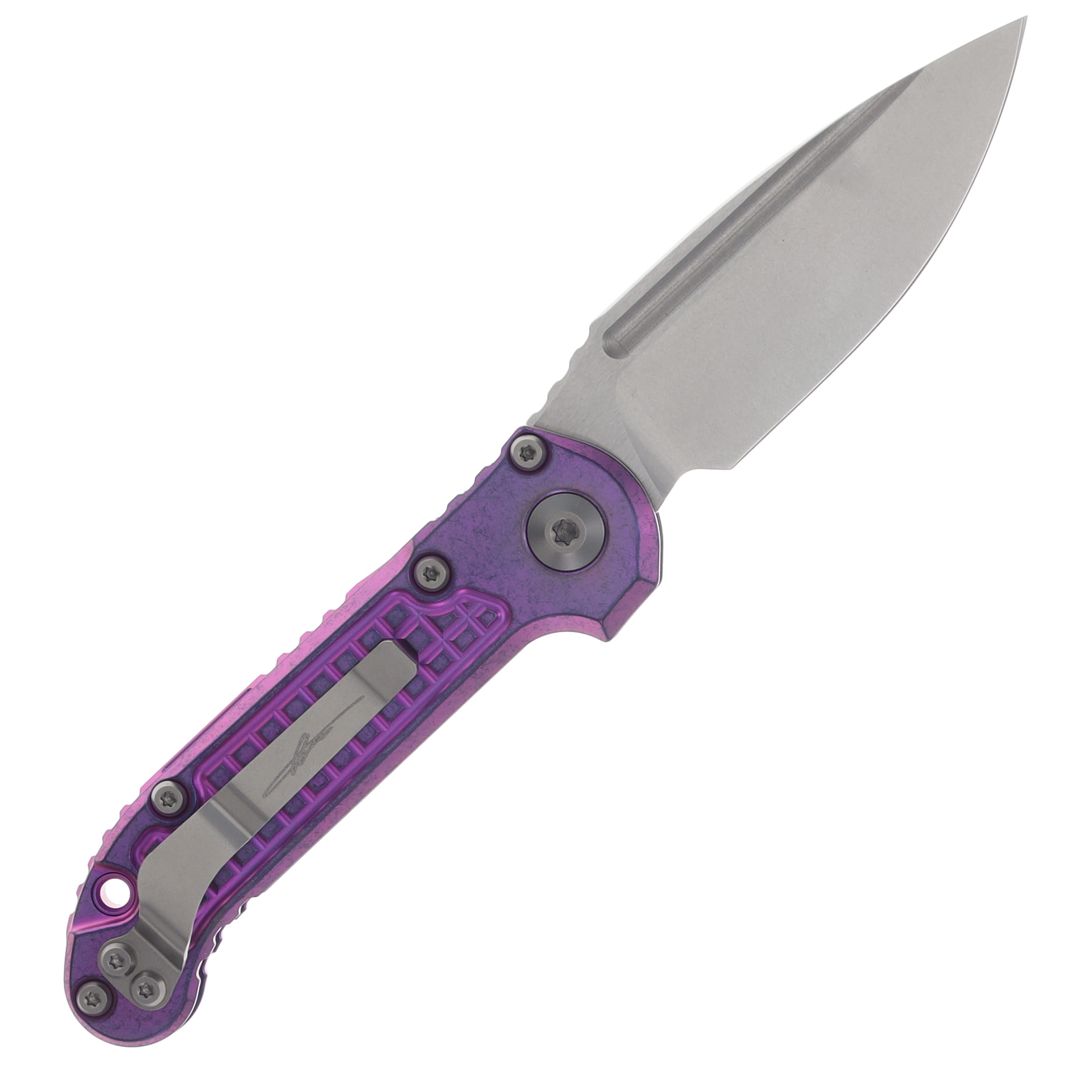 Microtech LUDT OTS Auto Clip Point Marifone Select SW Finish Purple Haze Anodized Frag Pattern Titanium W/Purple Titanium Accent AUMT113510FRMS5 View 2
