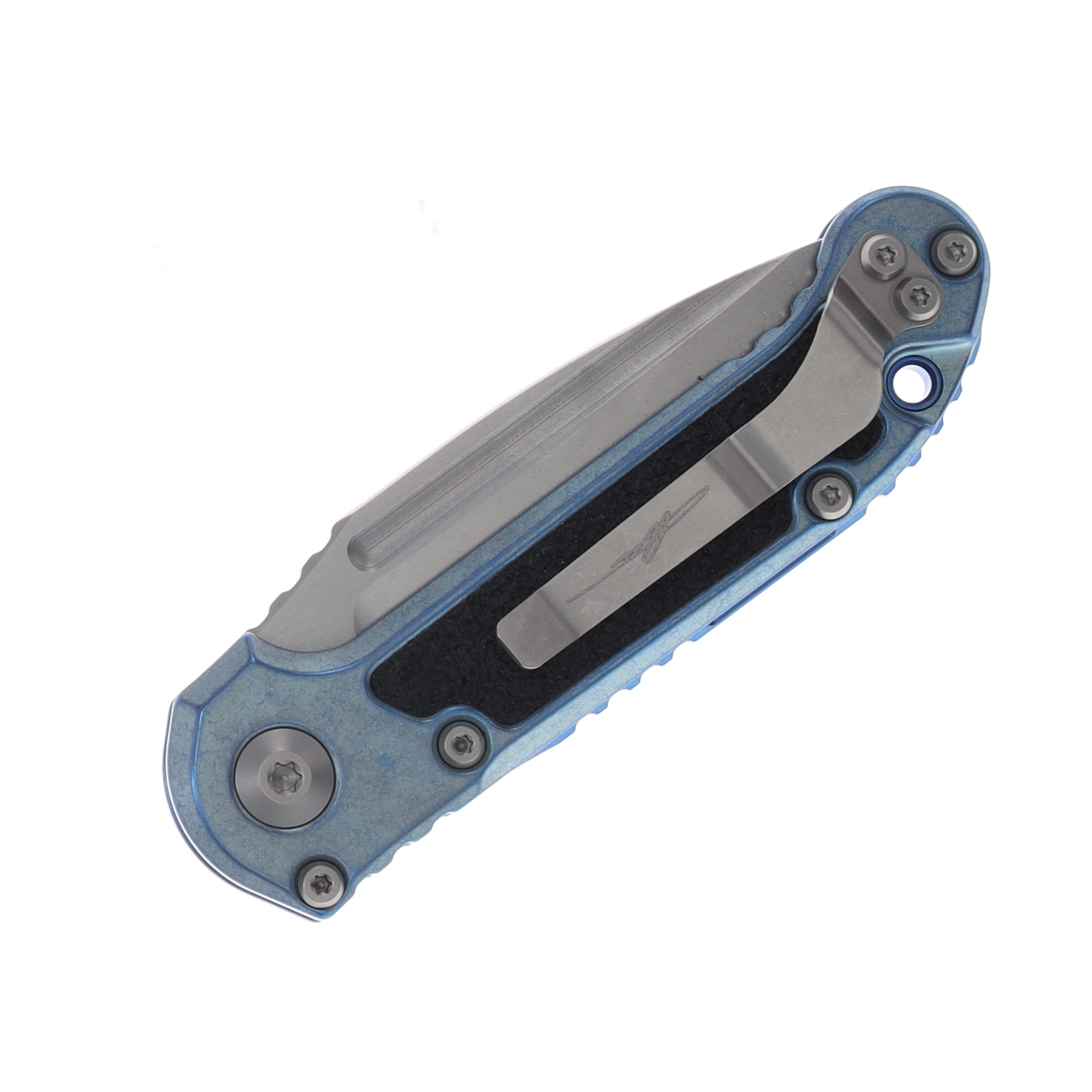 Marfione LUDT Automatic Knife Stonewash Clip Point M390MK/Ice Blue Titanium with Double Vapor Blast Hardware AUMT113510MS12 View 3