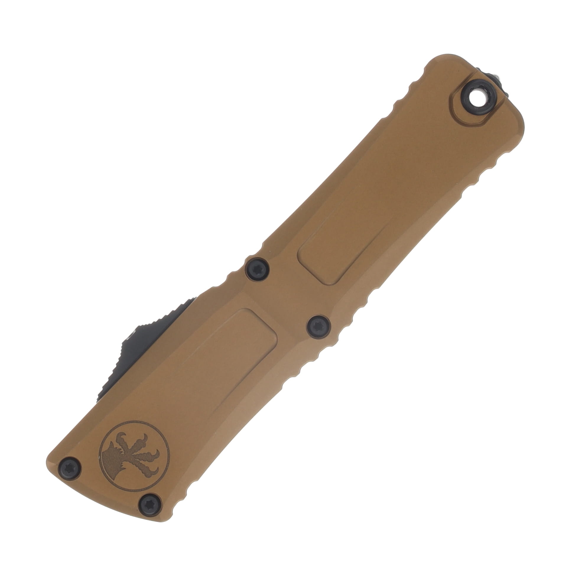 Microtech Combat Troodon GEN III OTF Auto T/E Black Part Serrate Blade Tan Handle AUMT11442TA View 3