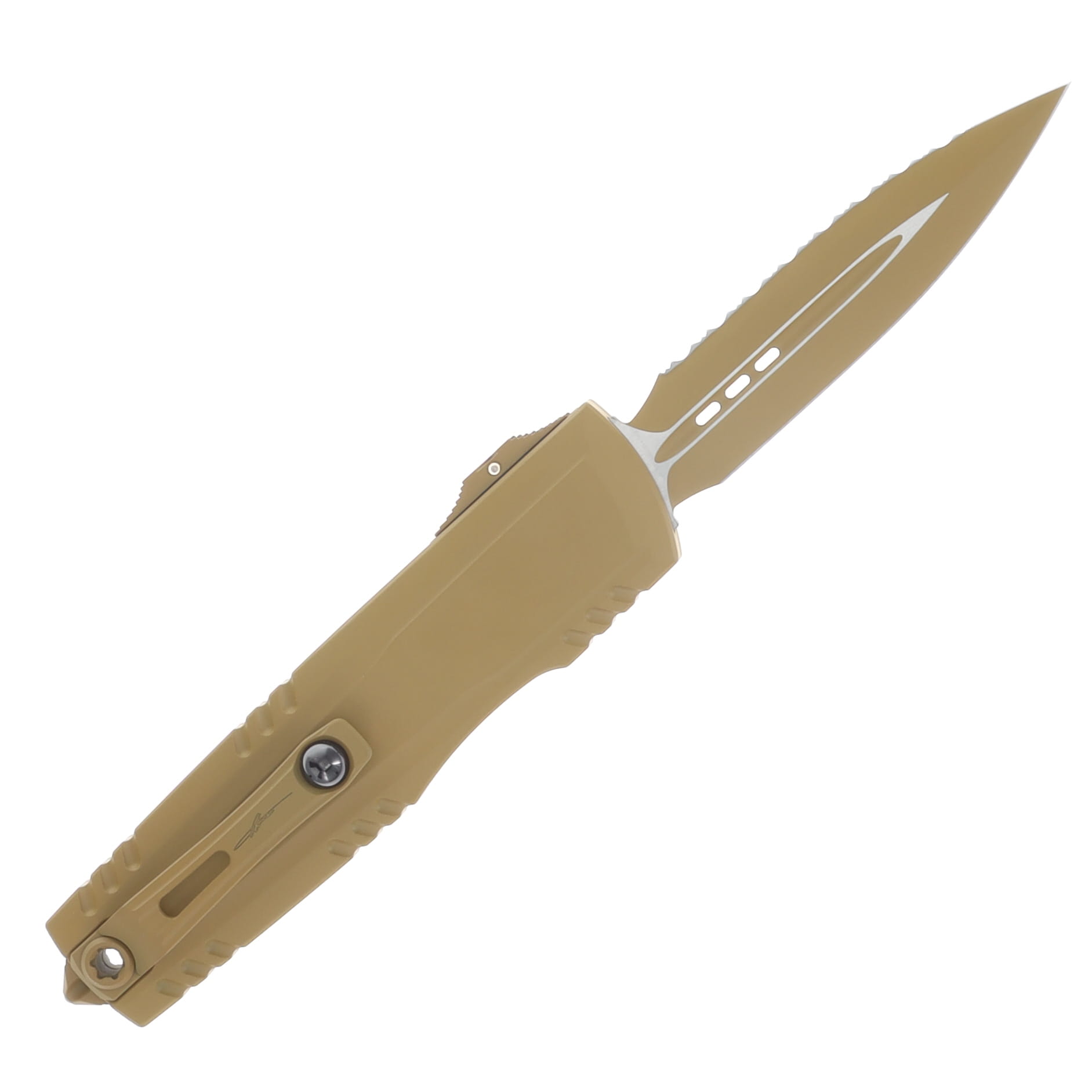 Microtech Luminary ZBP OTF Auto D/E Signature Series Cerakote RAL-8000 Full Serrated Tritium Button Insert AUMT12703CRAS View 2