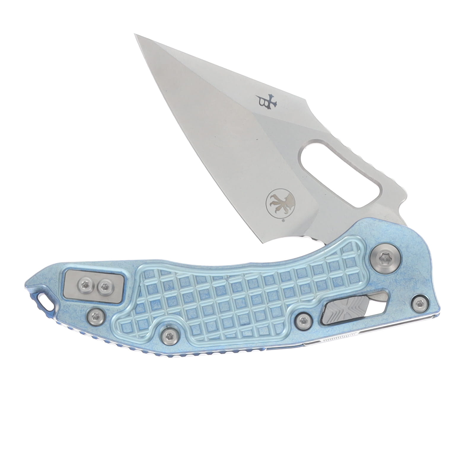 Marfione Stitch RAM-LOK Folding Knife Stonewash Standard Edge/Ice Blue Frag Pattern Titanium View 3