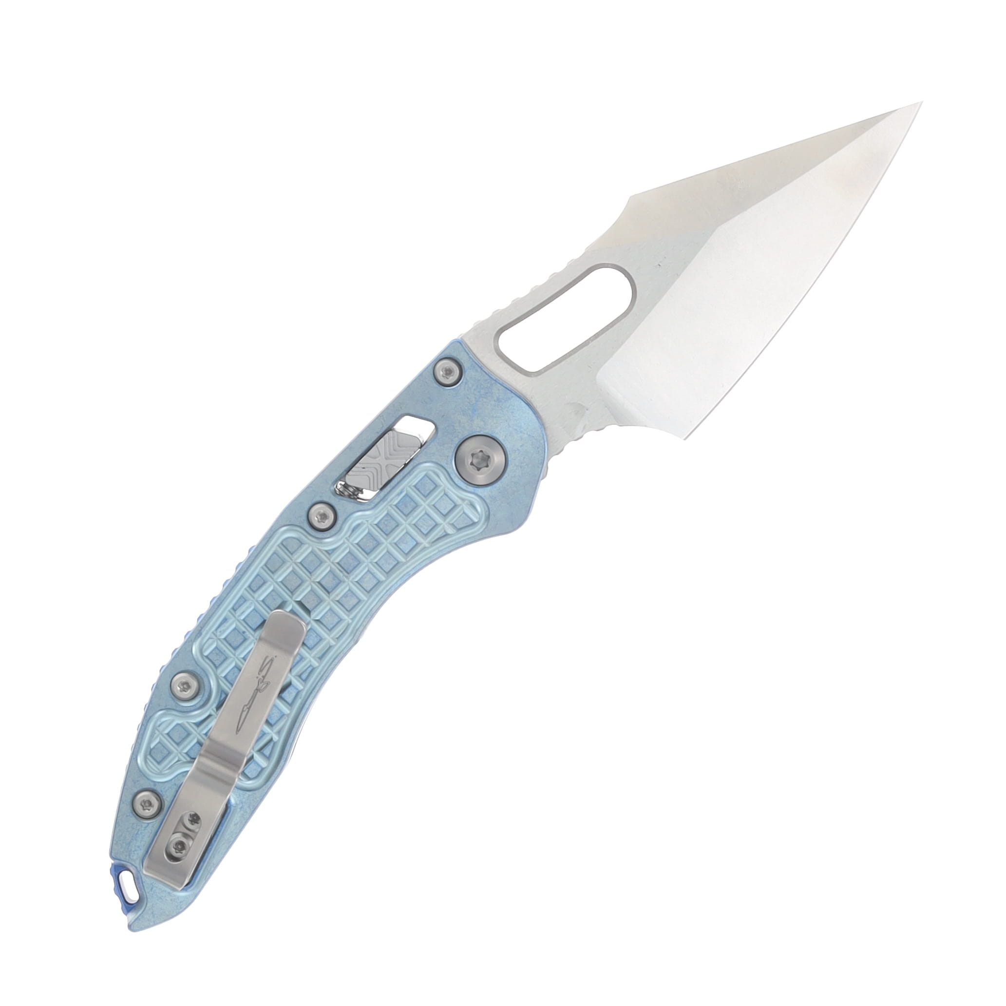Marfione Stitch RAM-LOK Folding Knife Stonewash Standard Edge/Ice Blue Frag Pattern Titanium View 2