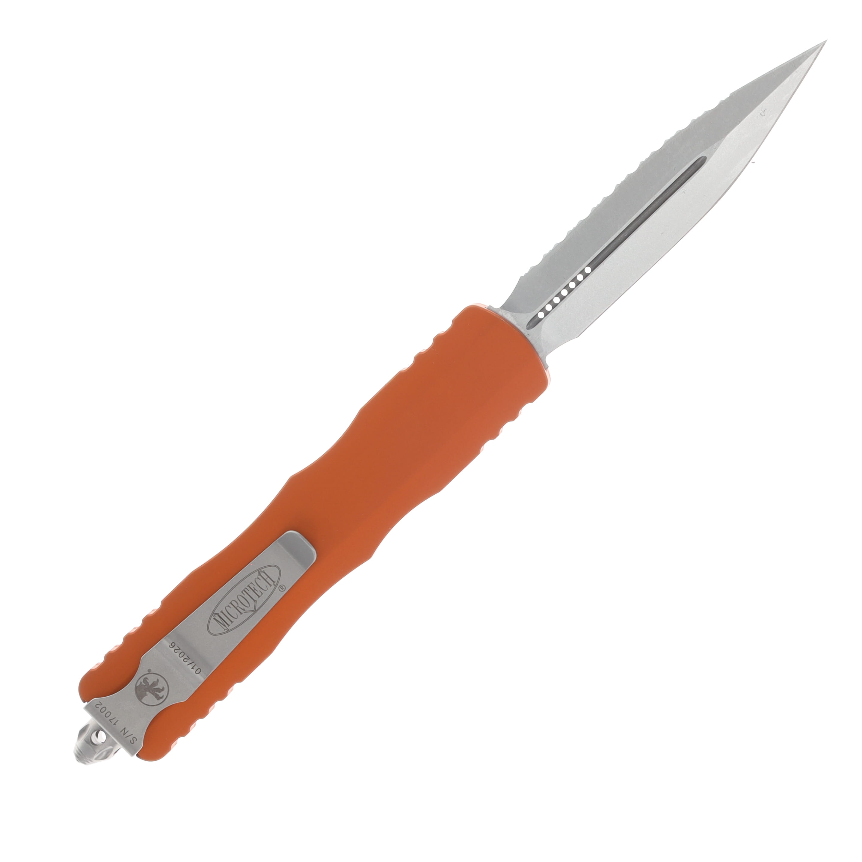 Microtech Dirac Delta OTF Automatic Knife Serrated Stonewash D/E Orange Tangerine AUMT22712OT View 2