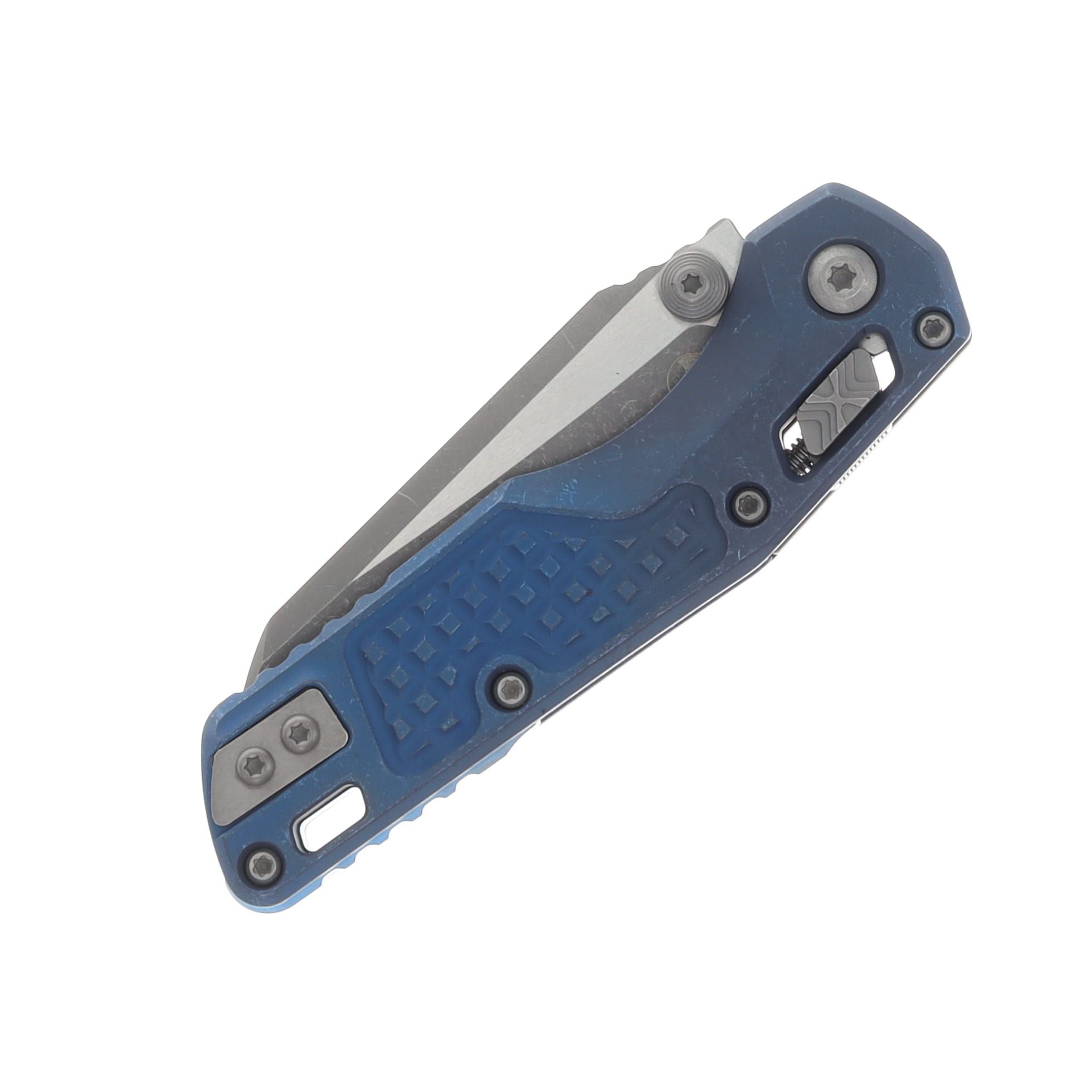 Marfione MSI Mini Crossbar Lock Folding Knife Apocalyptic M390MK/Frag Antique Titanium with Blue Titanium Hardware MT210M10APFRMS2 View 6