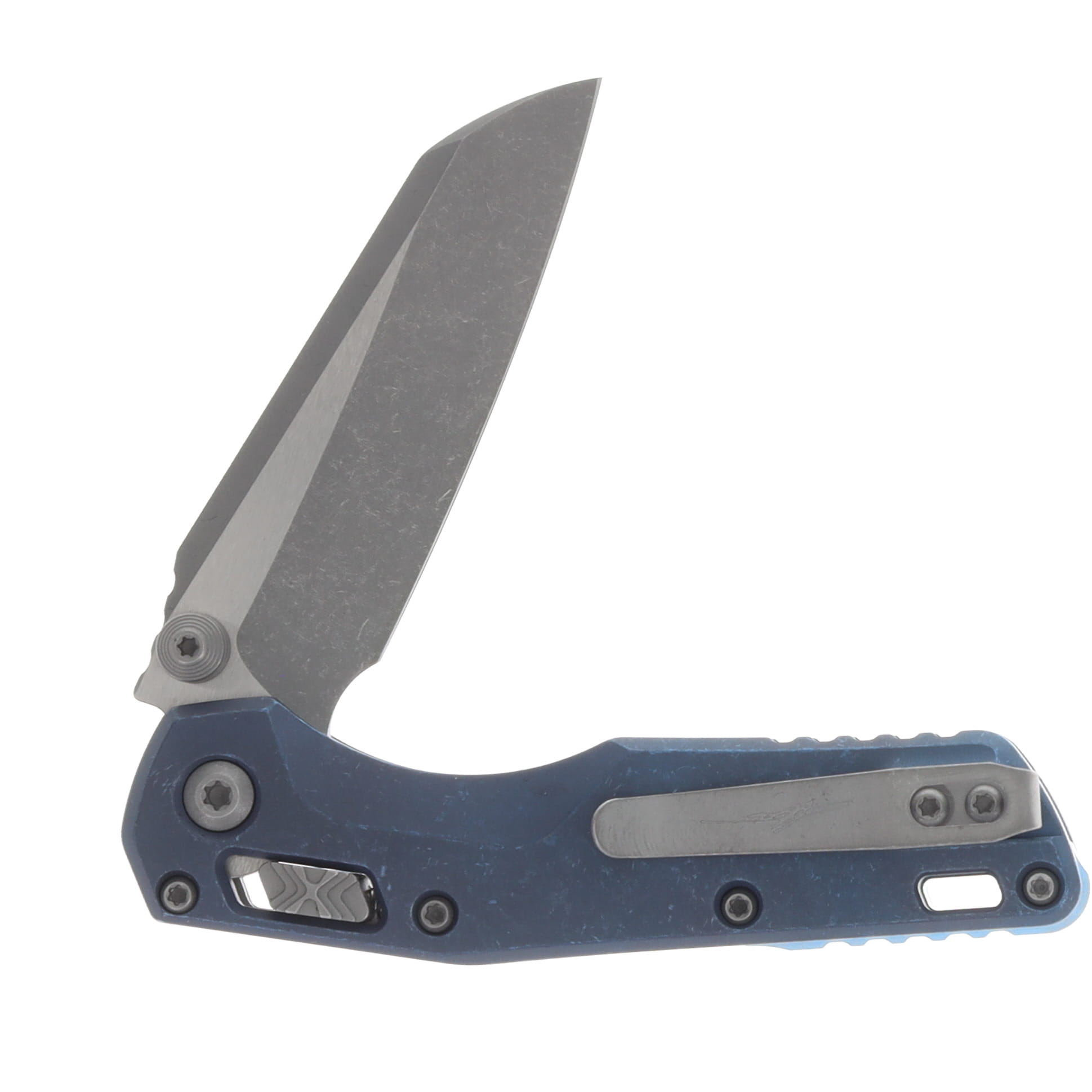 Marfione MSI Mini Crossbar Lock Folding Knife Apocalyptic M390MK/Slab Side Antique Titanium with Blue Titanium Hardware MT210M10APMS2 View 4