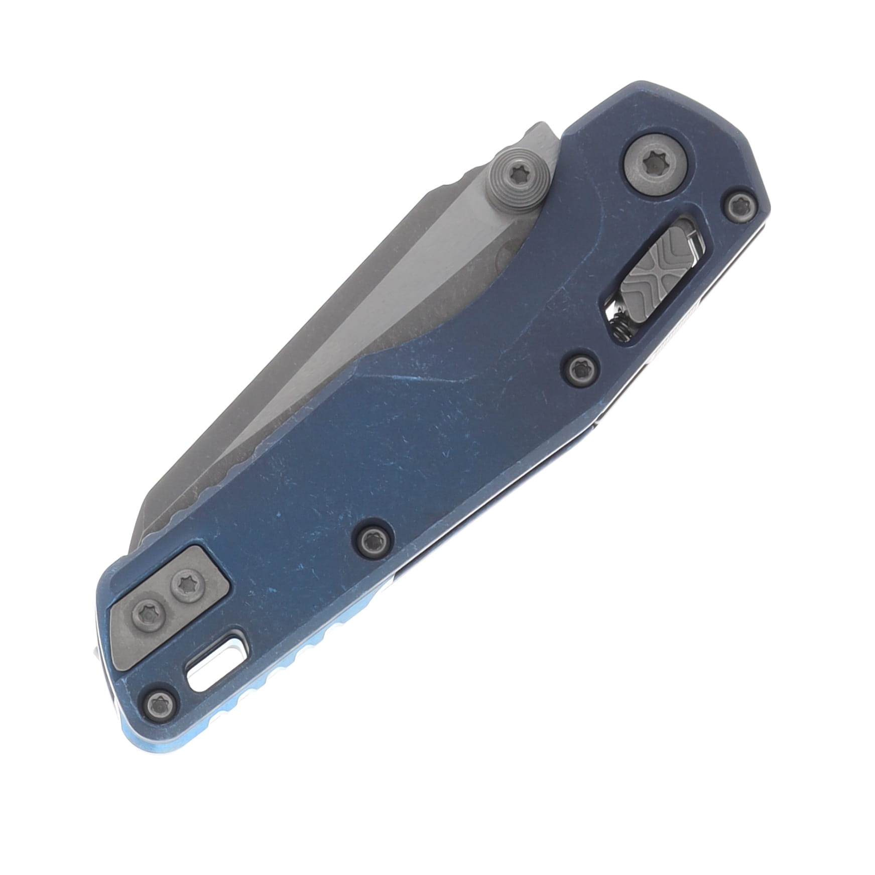 Marfione MSI Mini Crossbar Lock Folding Knife Apocalyptic M390MK/Slab Side Antique Titanium with Blue Titanium Hardware MT210M10APMS2 View 5