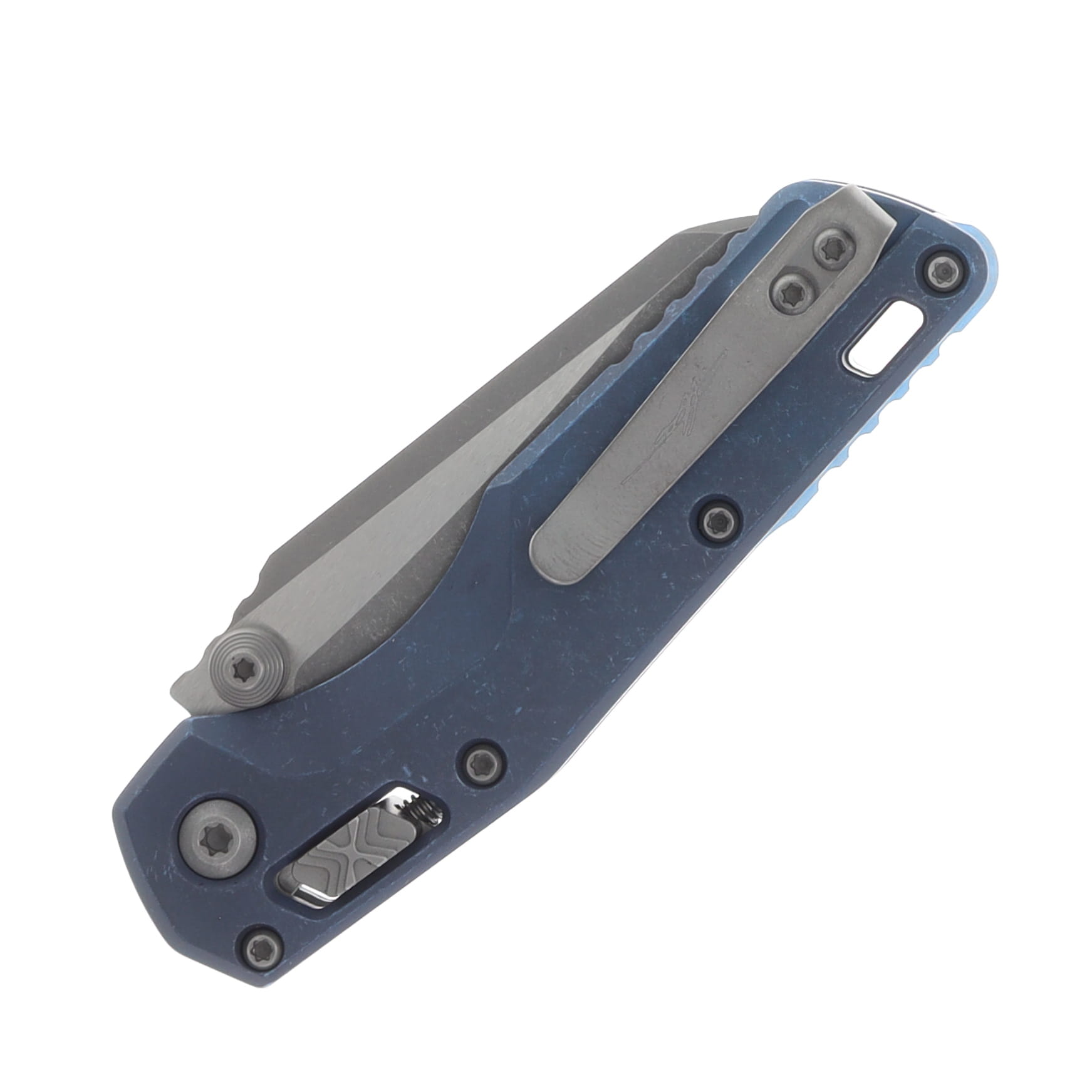 Marfione MSI Mini Crossbar Lock Folding Knife Apocalyptic M390MK/Slab Side Antique Titanium with Blue Titanium Hardware MT210M10APMS2 View 6