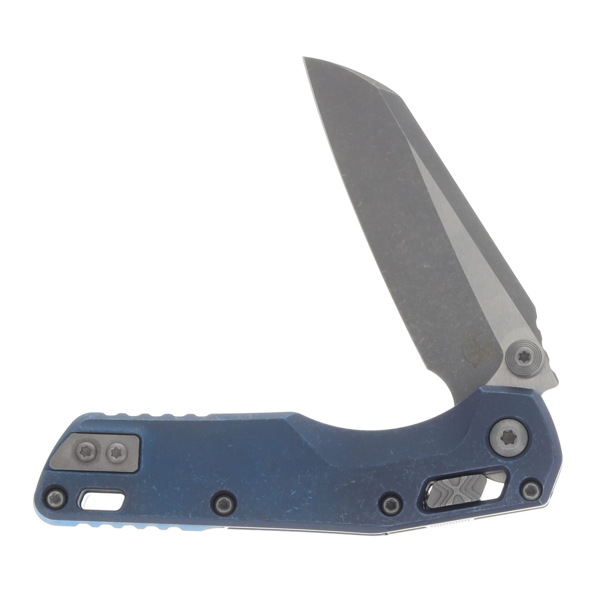 Marfione MSI Mini Crossbar Lock Folding Knife Apocalyptic M390MK/Slab Side Antique Titanium with Blue Titanium Hardware MT210M10APMS2 View 3