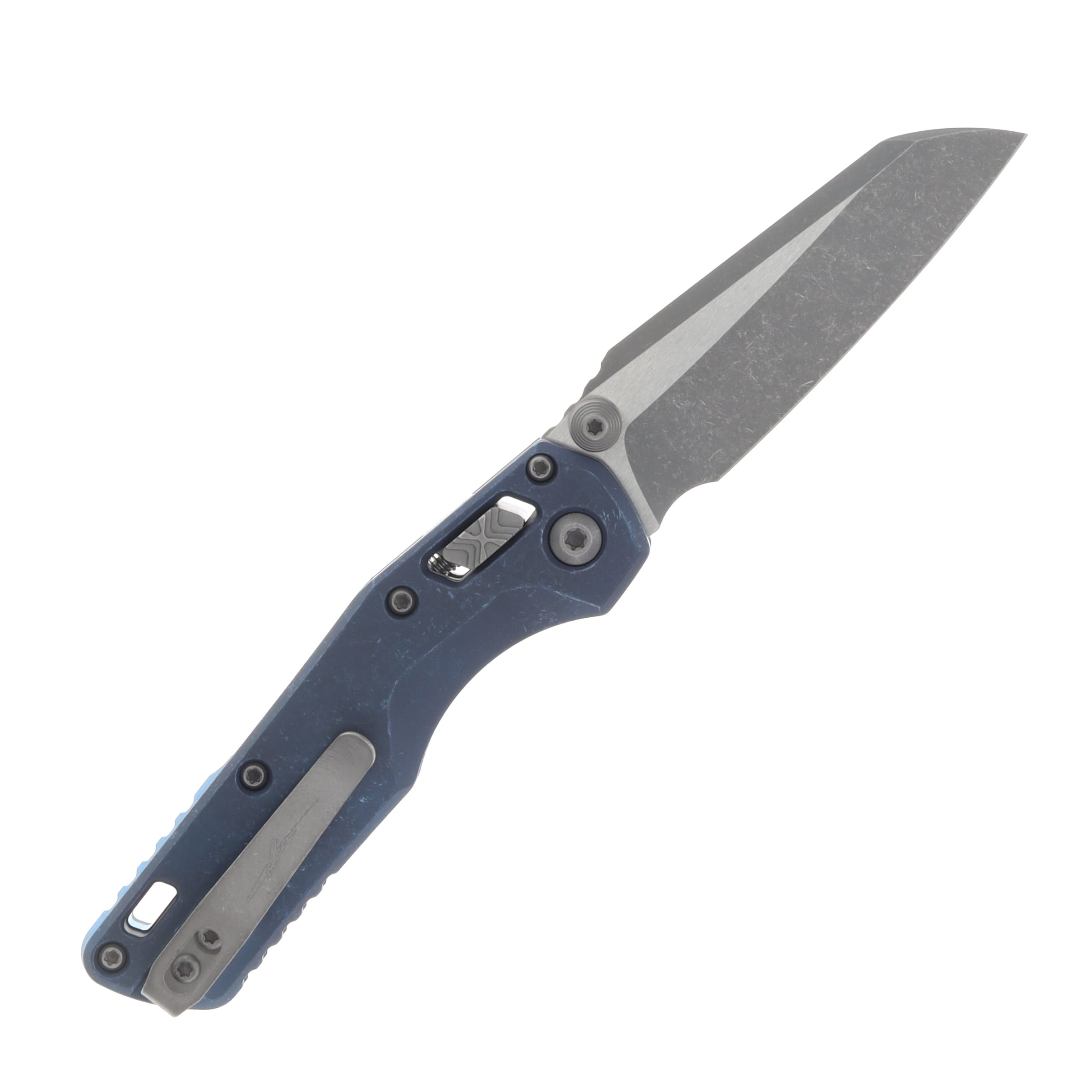 Marfione MSI Mini Crossbar Lock Folding Knife Apocalyptic M390MK/Slab Side Antique Titanium with Blue Titanium Hardware MT210M10APMS2 View 2