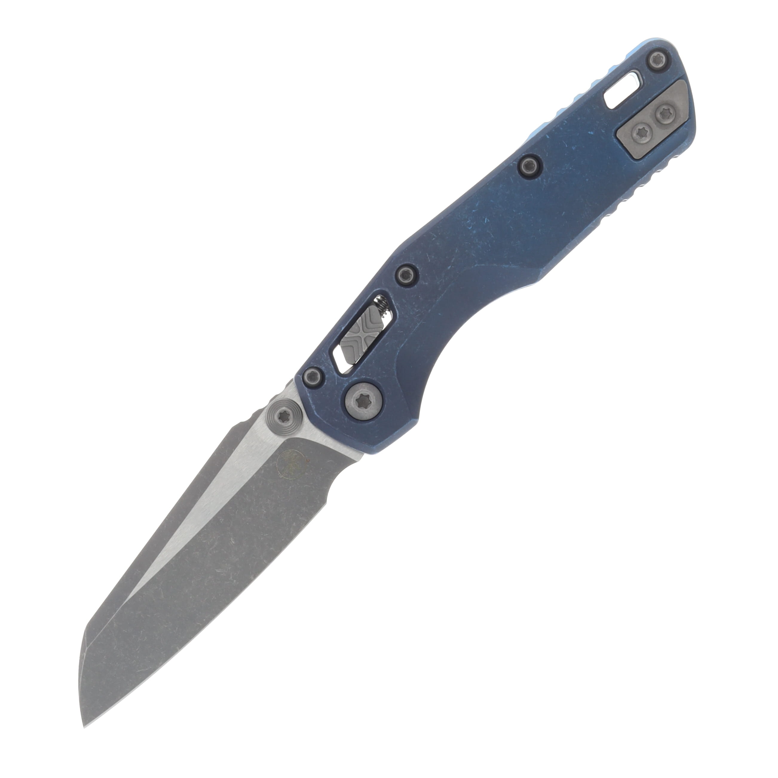 Marfione MSI Mini Crossbar Lock Folding Knife Apocalyptic M390MK/Slab Side Antique Titanium with Blue Titanium Hardware MT210M10APMS2 View 1