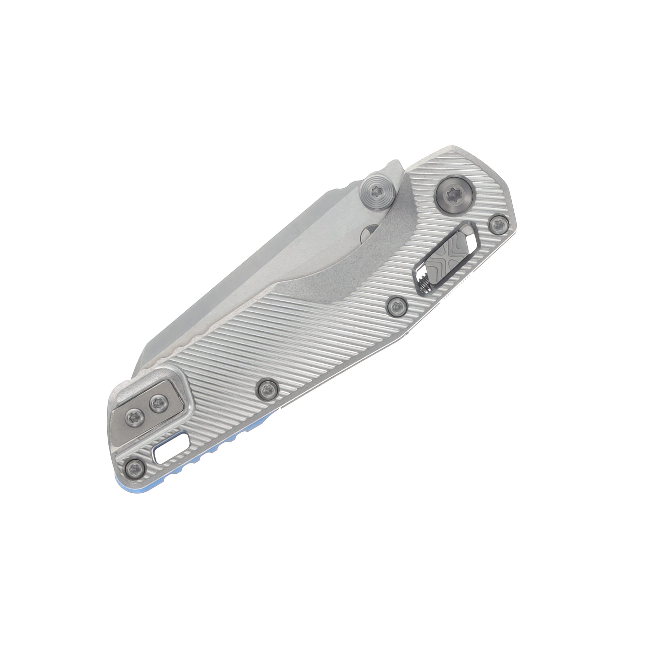 Marfione MSI Mini Crossbar Lock Folding Knife Stonewash M390MK/Fluted Titanium with Blue Titanium and Double Vapor Blast Hardware MT210M10FLMS3 View 5