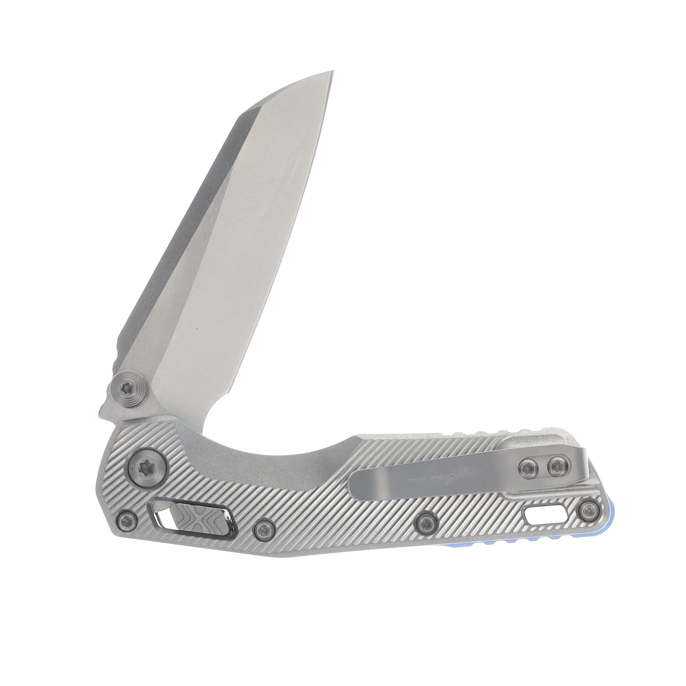 Marfione MSI Mini Crossbar Lock Folding Knife Stonewash M390MK/Fluted Titanium with Blue Titanium and Double Vapor Blast Hardware MT210M10FLMS3 View 4
