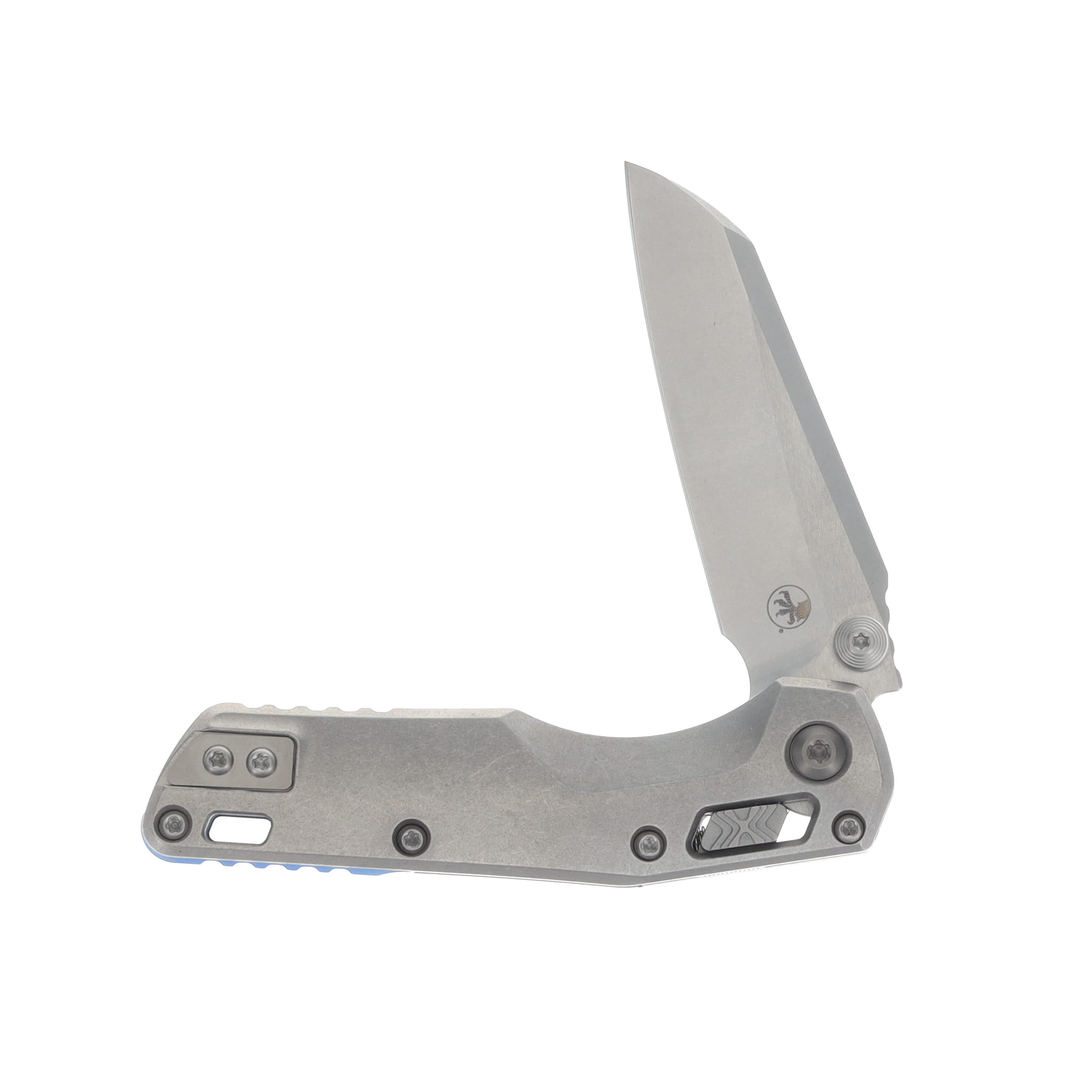 Marfione MSI Mini Crossbar Lock Folding Knife Stonewash M390MK/Stonewash Slab Side Titanium with Blue Titanium and Double Vapor Blast Hardware MT210M10MS3 View 4