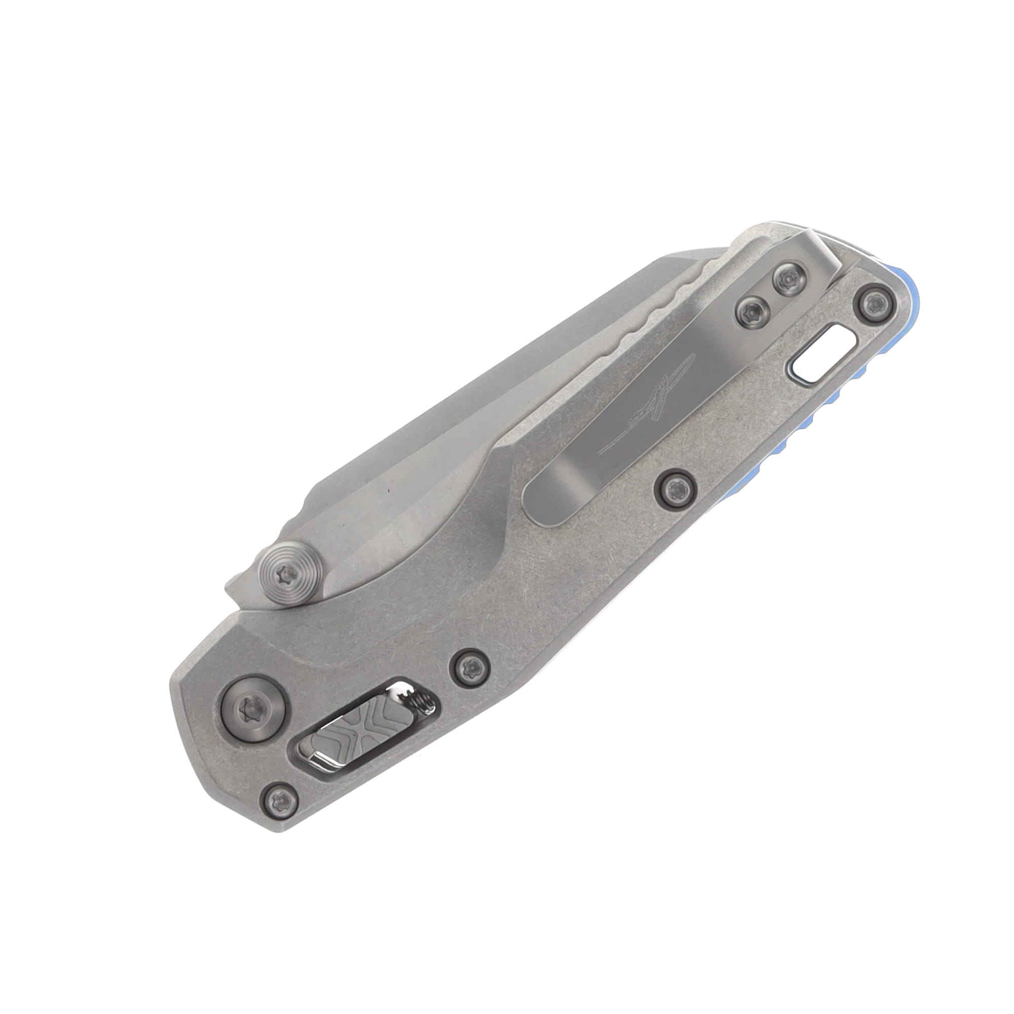 Marfione MSI Mini Crossbar Lock Folding Knife Stonewash M390MK/Stonewash Slab Side Titanium with Blue Titanium and Double Vapor Blast Hardware MT210M10MS3 View 5
