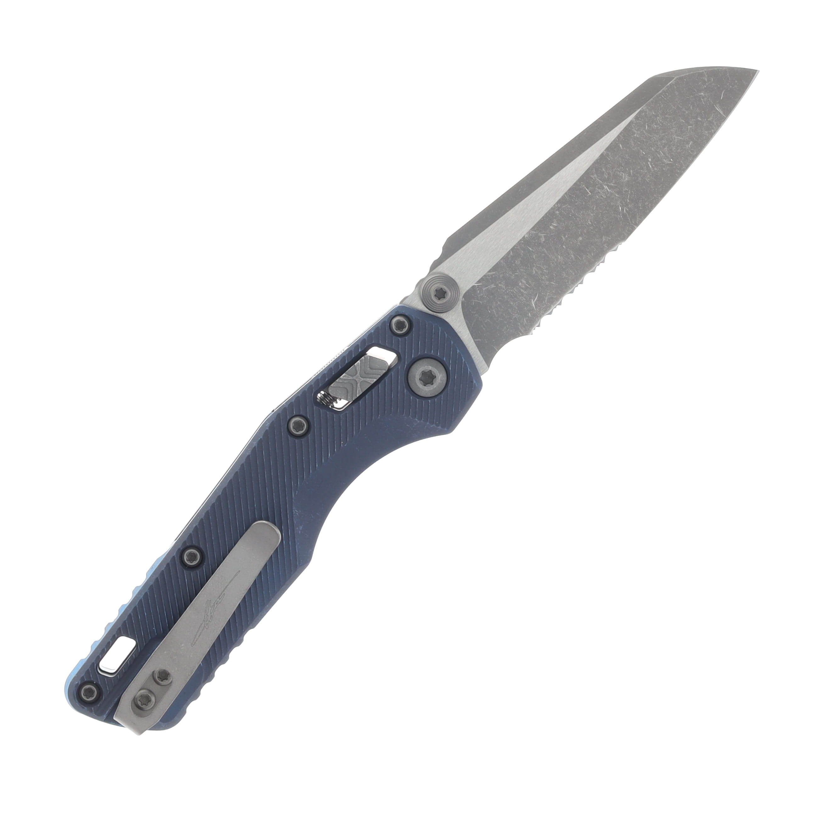 Marfione MSI Mini Crossbar Lock Folding Knife Partially Serrated Apocalyptic M390MK/Fluted Blue Titanium with Blue Titanium and Apocalyptic Hardware MT210M11APFLMS2 View 2