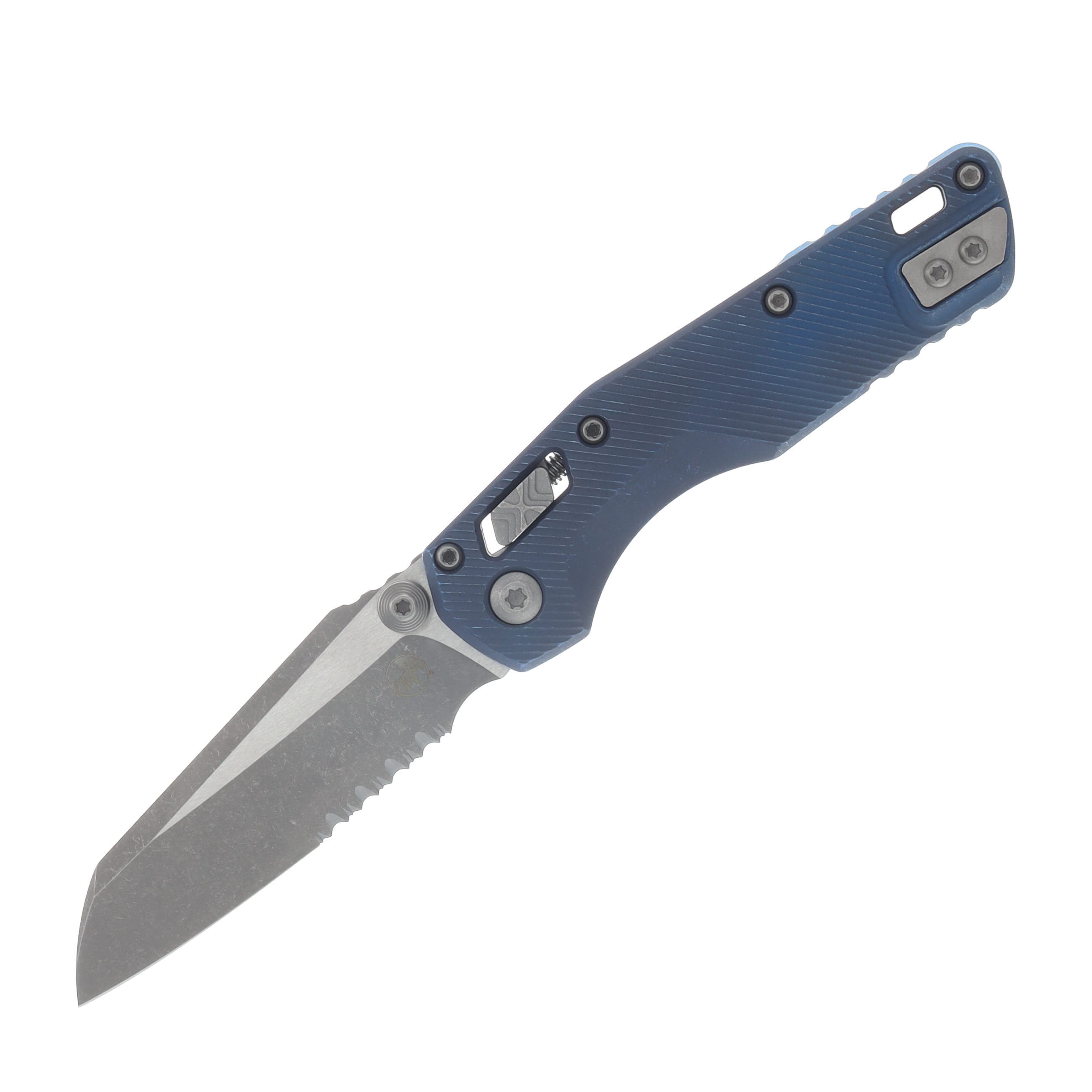 Marfione MSI Mini Crossbar Lock Folding Knife Partially Serrated Apocalyptic M390MK/Fluted Blue Titanium with Blue Titanium and Apocalyptic Hardware MT210M11APFLMS2 View 1