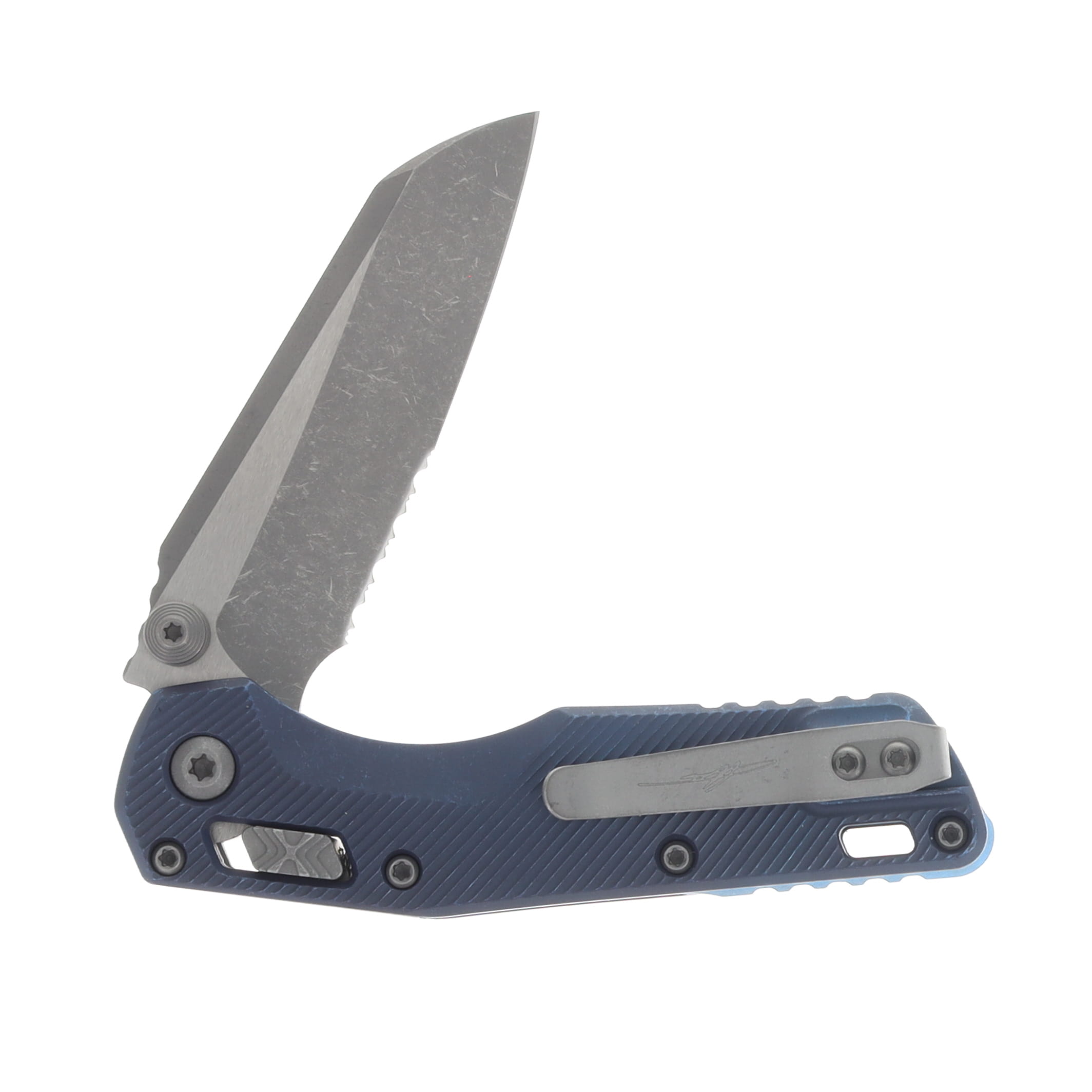 Marfione MSI Mini Crossbar Lock Folding Knife Partially Serrated Apocalyptic M390MK/Fluted Blue Titanium with Blue Titanium and Apocalyptic Hardware MT210M11APFLMS2 View 4