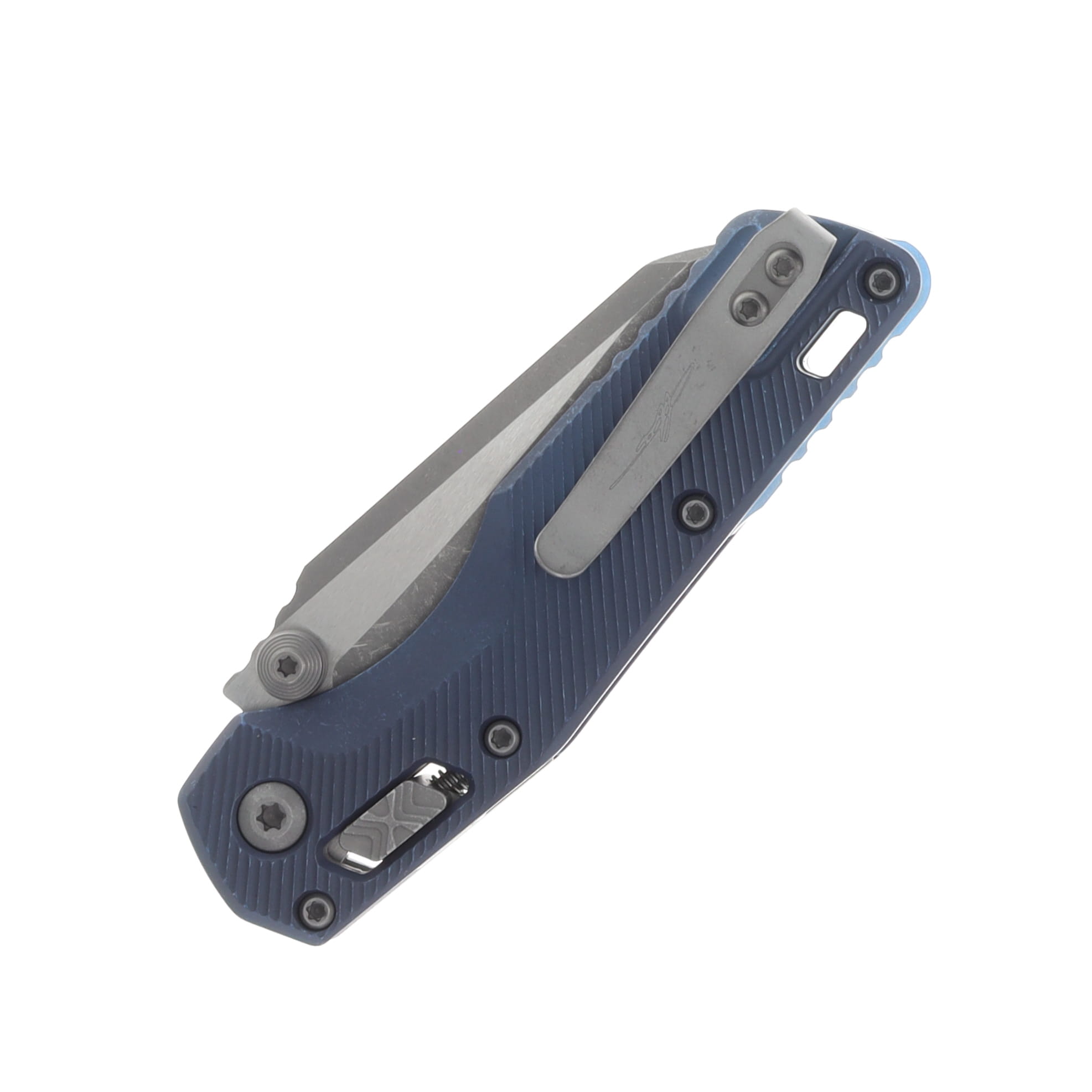 Marfione MSI Mini Crossbar Lock Folding Knife Partially Serrated Apocalyptic M390MK/Fluted Blue Titanium with Blue Titanium and Apocalyptic Hardware MT210M11APFLMS2 View 5