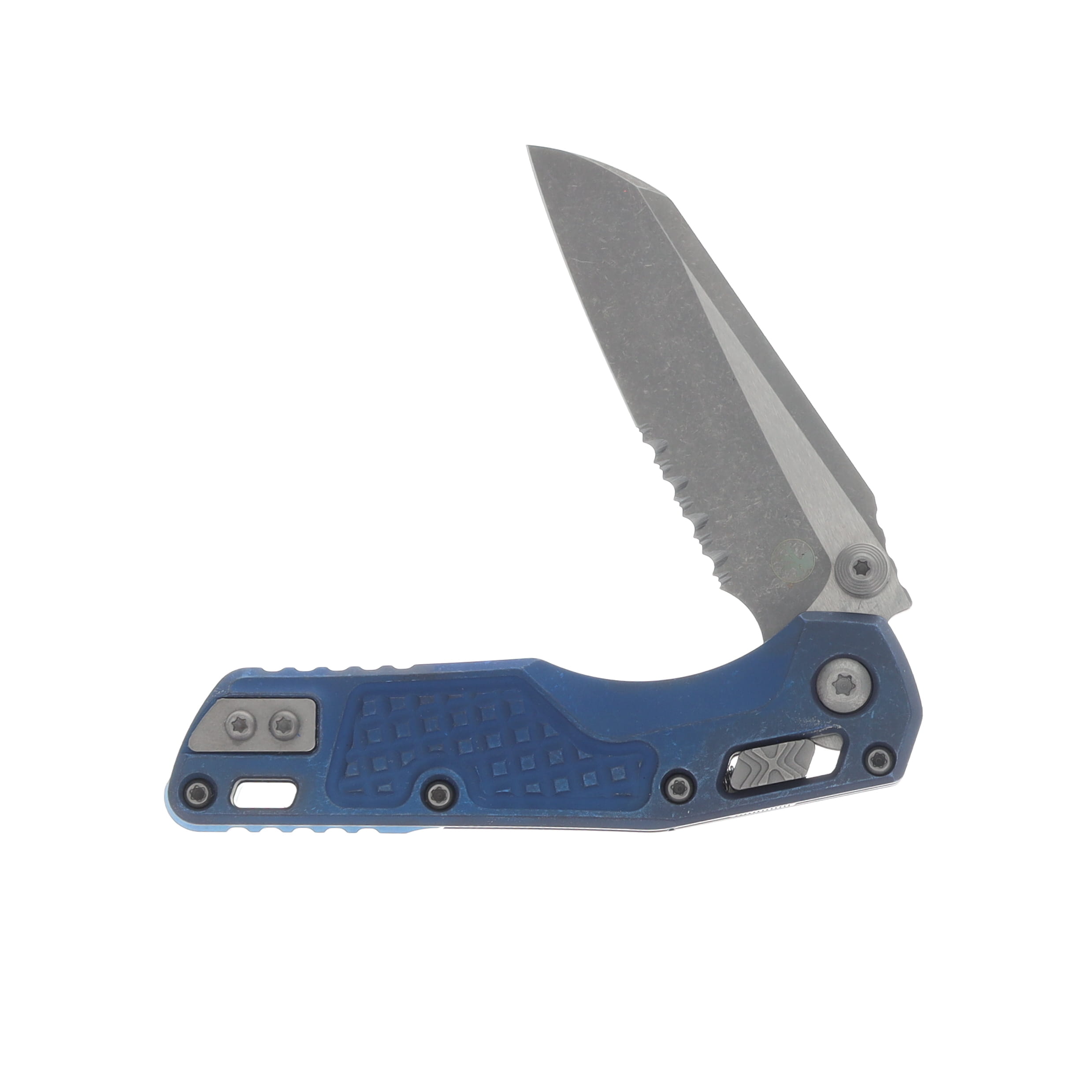 Marfione MSI Mini Crossbar Lock Folding Knife Partially Serrated Apocalyptic M390MK/Frag Antique Blue Titanium with Blue Titanium and Apocalyptic Hardware MT210M11APFRMS2 View 3