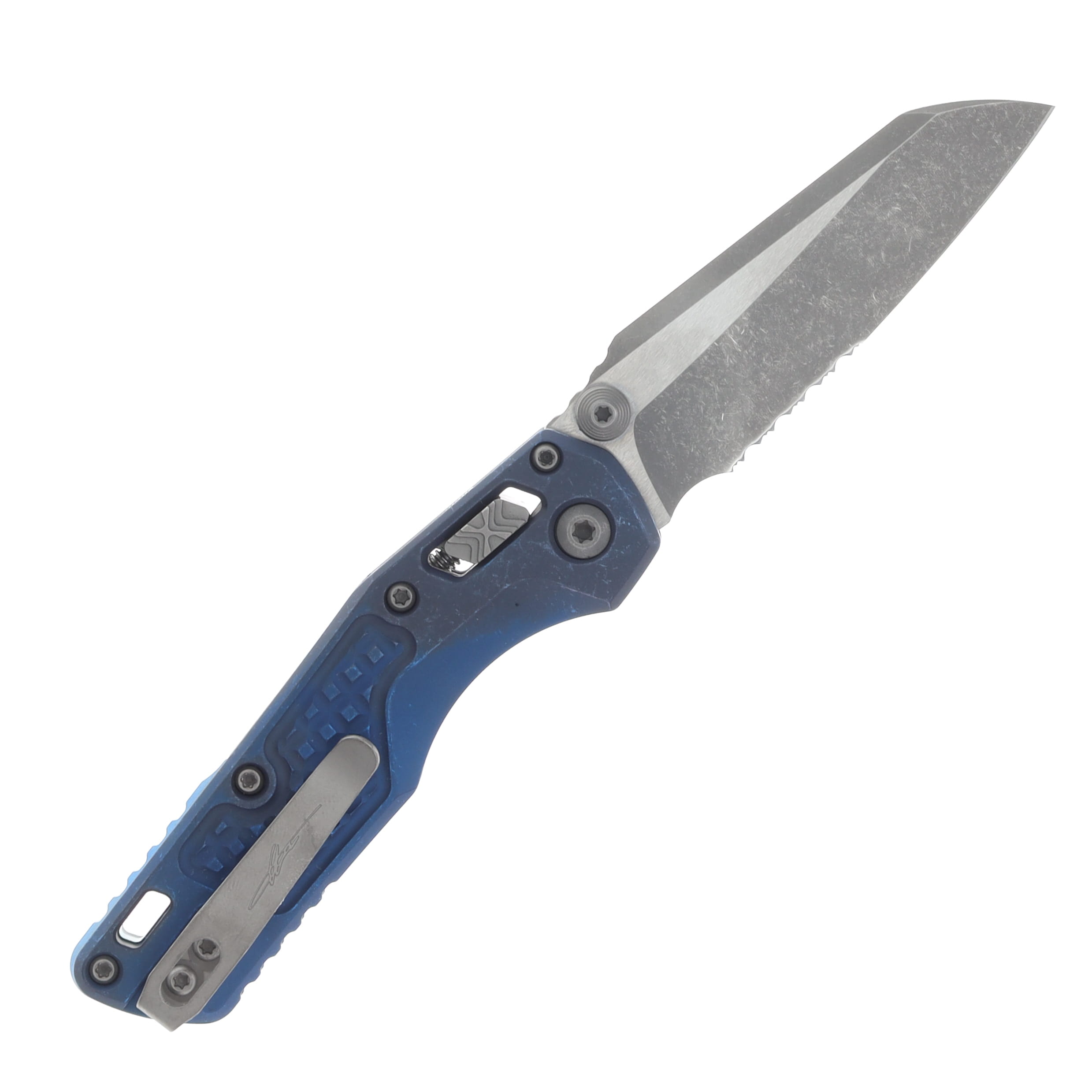 Marfione MSI Mini Crossbar Lock Folding Knife Partially Serrated Apocalyptic M390MK/Frag Antique Blue Titanium with Blue Titanium and Apocalyptic Hardware MT210M11APFRMS2 View 2