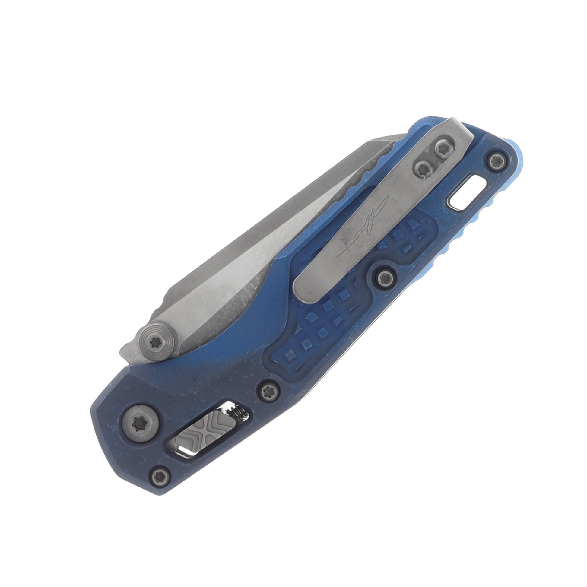 Marfione MSI Mini Crossbar Lock Folding Knife Partially Serrated Apocalyptic M390MK/Frag Antique Blue Titanium with Blue Titanium and Apocalyptic Hardware MT210M11APFRMS2 View 5