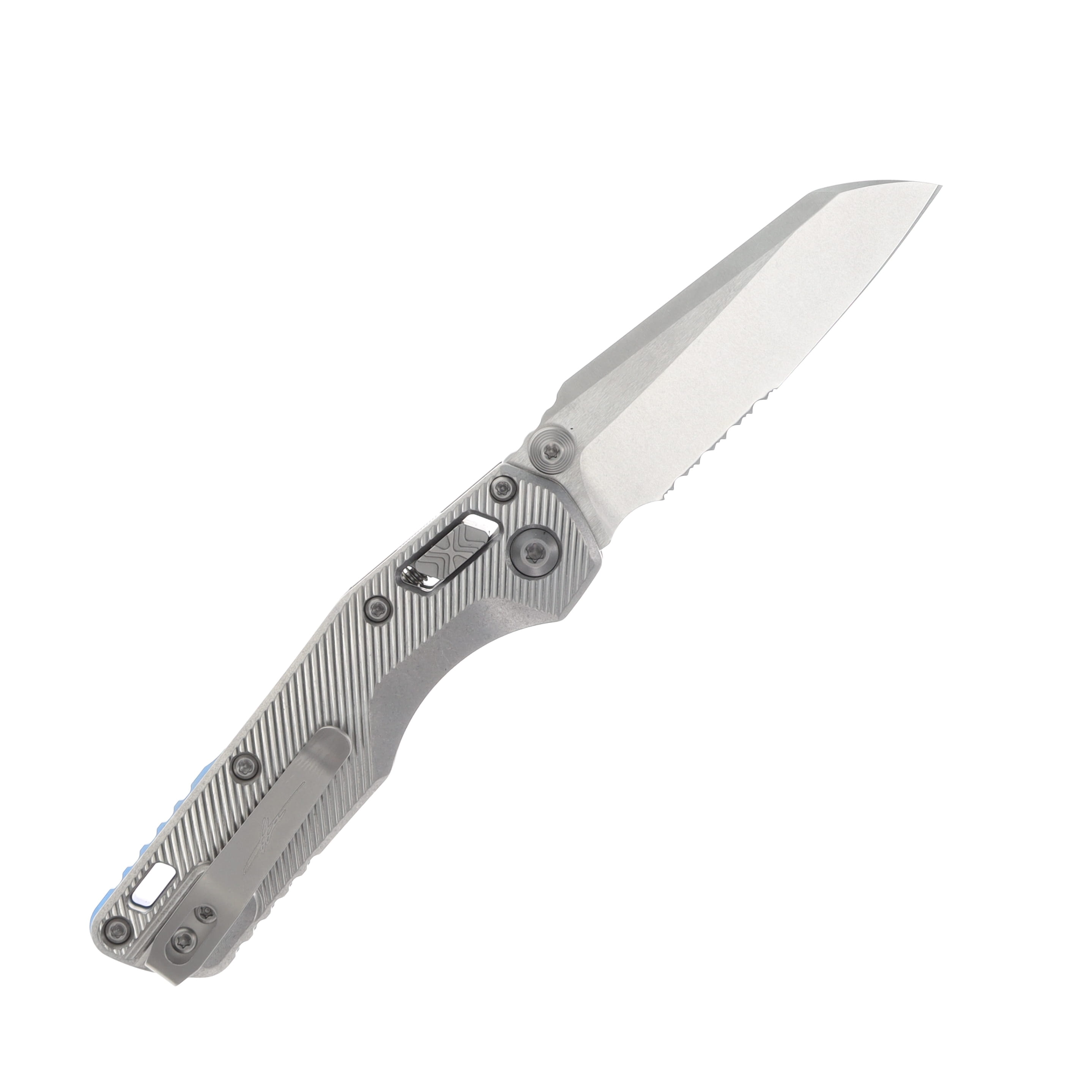 Marfione MSI Mini Crossbar Lock Folding Knife Partially Serrated Stonewash M390MK/Fluted Stonewash Titanium with Blue Titanium and Double Vapor Blast Hardware MT210M11FLMS3 View 2