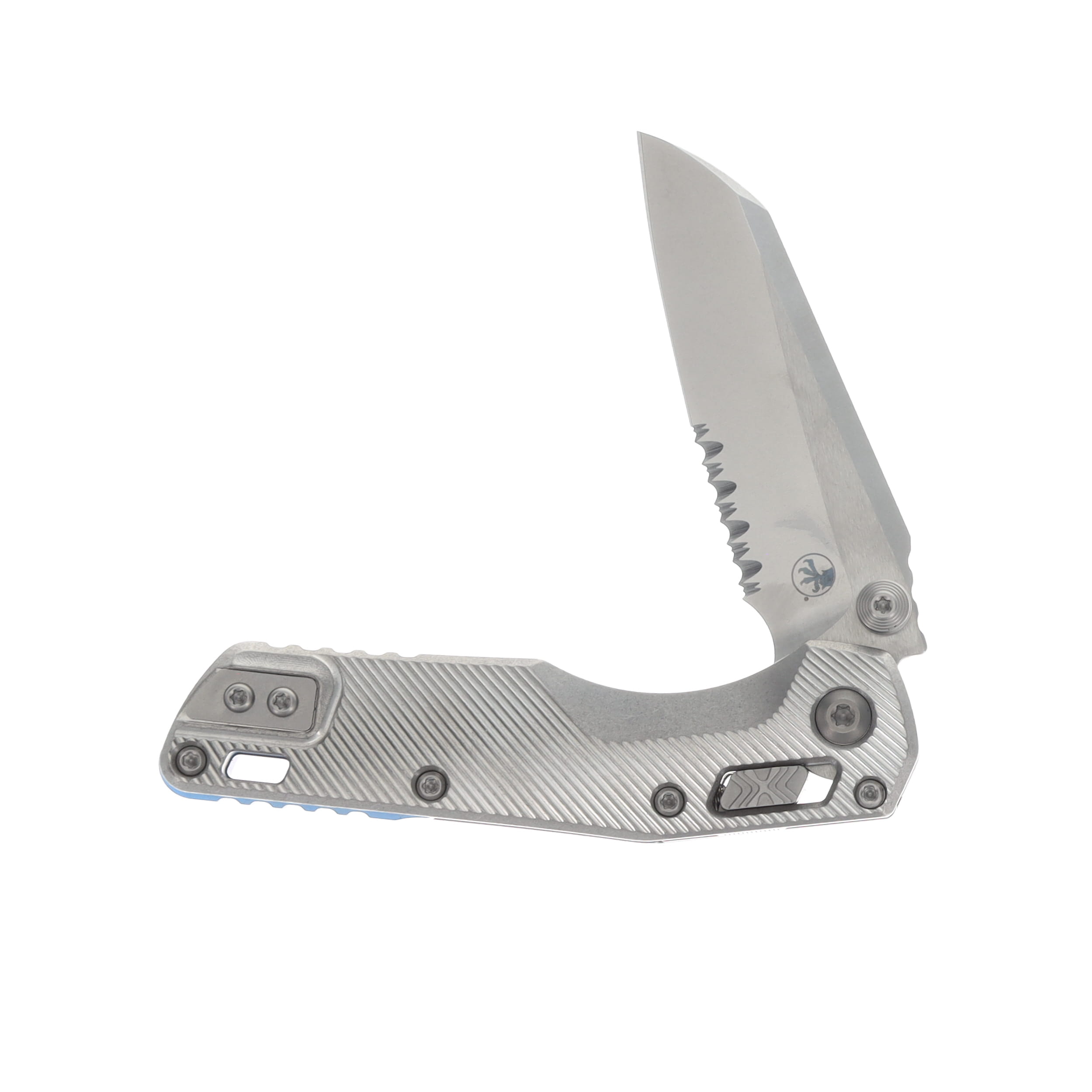 Marfione MSI Mini Crossbar Lock Folding Knife Partially Serrated Stonewash M390MK/Fluted Stonewash Titanium with Blue Titanium and Double Vapor Blast Hardware MT210M11FLMS3 View 3