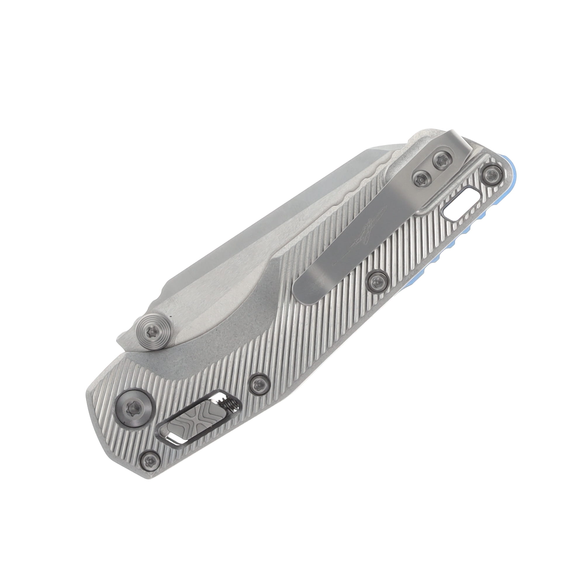 Marfione MSI Mini Crossbar Lock Folding Knife Partially Serrated Stonewash M390MK/Fluted Stonewash Titanium with Blue Titanium and Double Vapor Blast Hardware MT210M11FLMS3 View 6