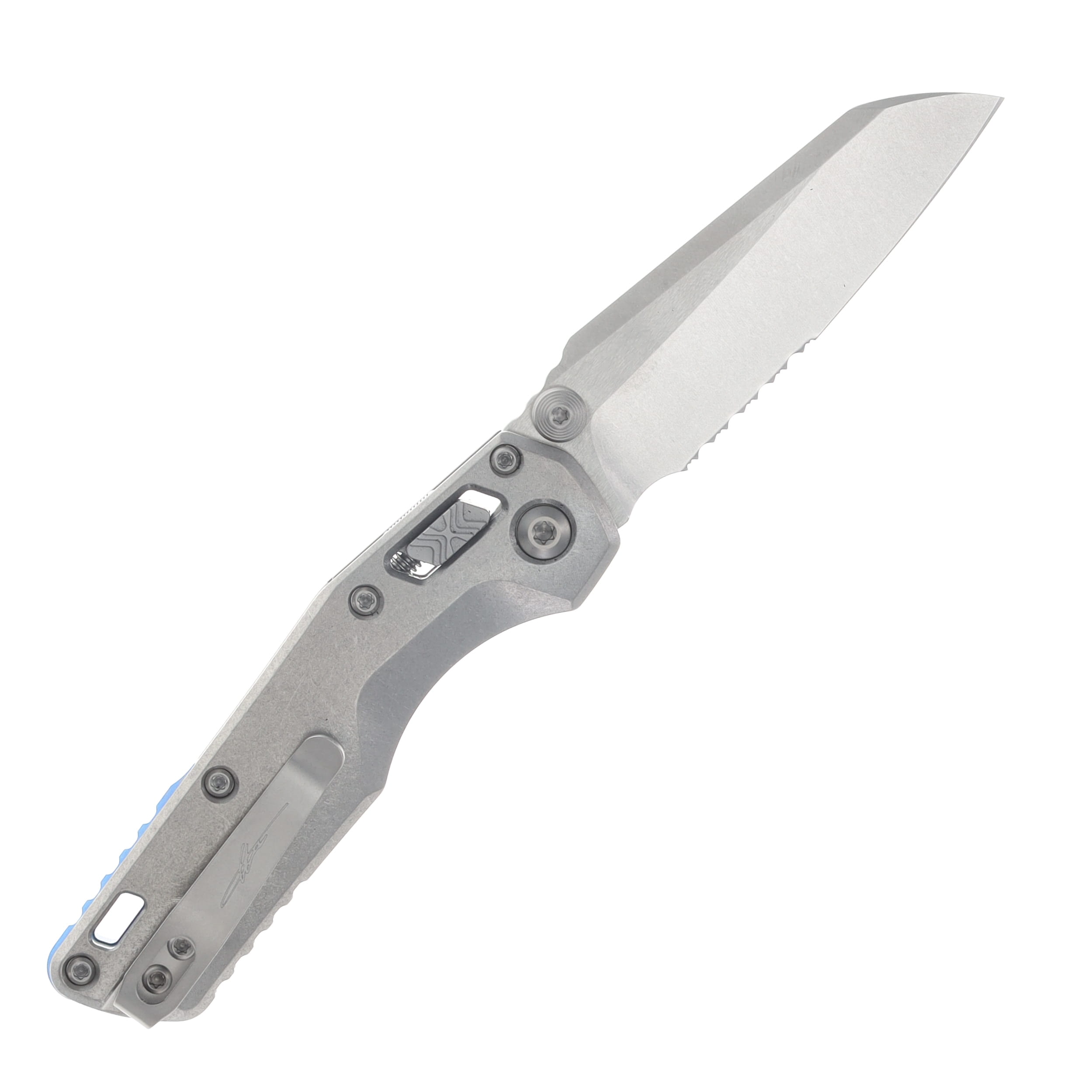 Marfione MSI Mini Crossbar Lock Folding Knife Partially Serrated Stonewash M390MK/Side Slab Stonewash Titanium with Blue Titanium and Double Vapor Blast Hardware MT210M11MS3 View 2