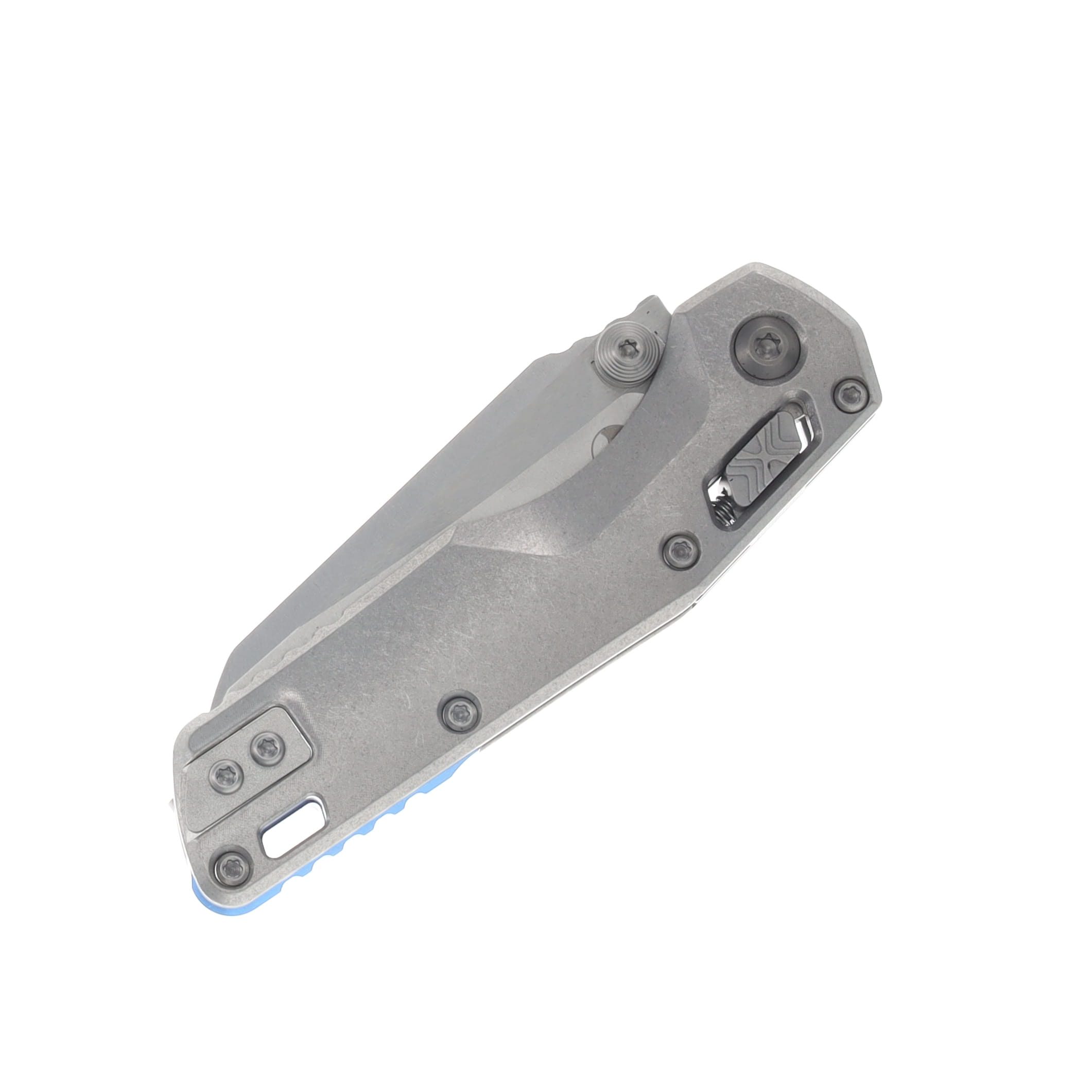 Marfione MSI Mini Crossbar Lock Folding Knife Partially Serrated Stonewash M390MK/Side Slab Stonewash Titanium with Blue Titanium and Double Vapor Blast Hardware MT210M11MS3 View 6