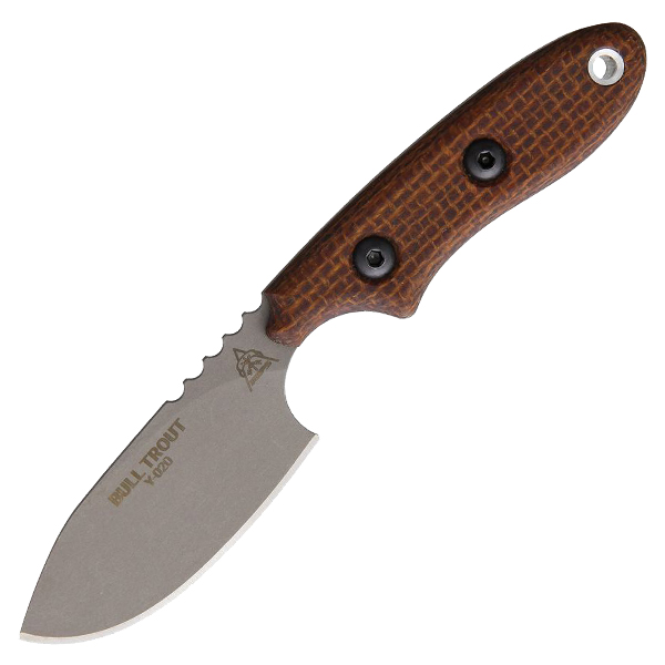 TOPS Bull Trout Fixed Blade Brown Micarta 2.75in Tumbled Drop Point TPBLTT-01 View 1