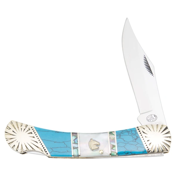 Frost Silverhorse Stoneworks Blue Turquoise Mother of Pearl Abalone Large Lockback Folding Knife FRSHS549TUR View 1