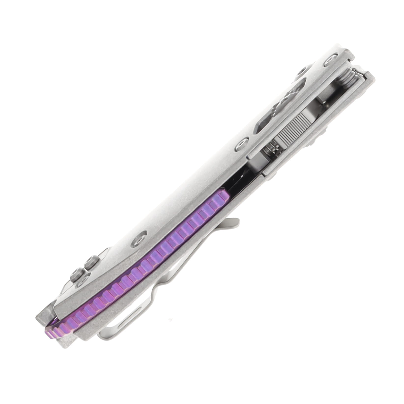 Marfione Stitch RAM-LOK Folding Knife Partially Serrated Stonewash M390MK/Purple Haze Slab Side Titanium with Purple Double Vapor Blast Accents MT169RL11MS5 View 7