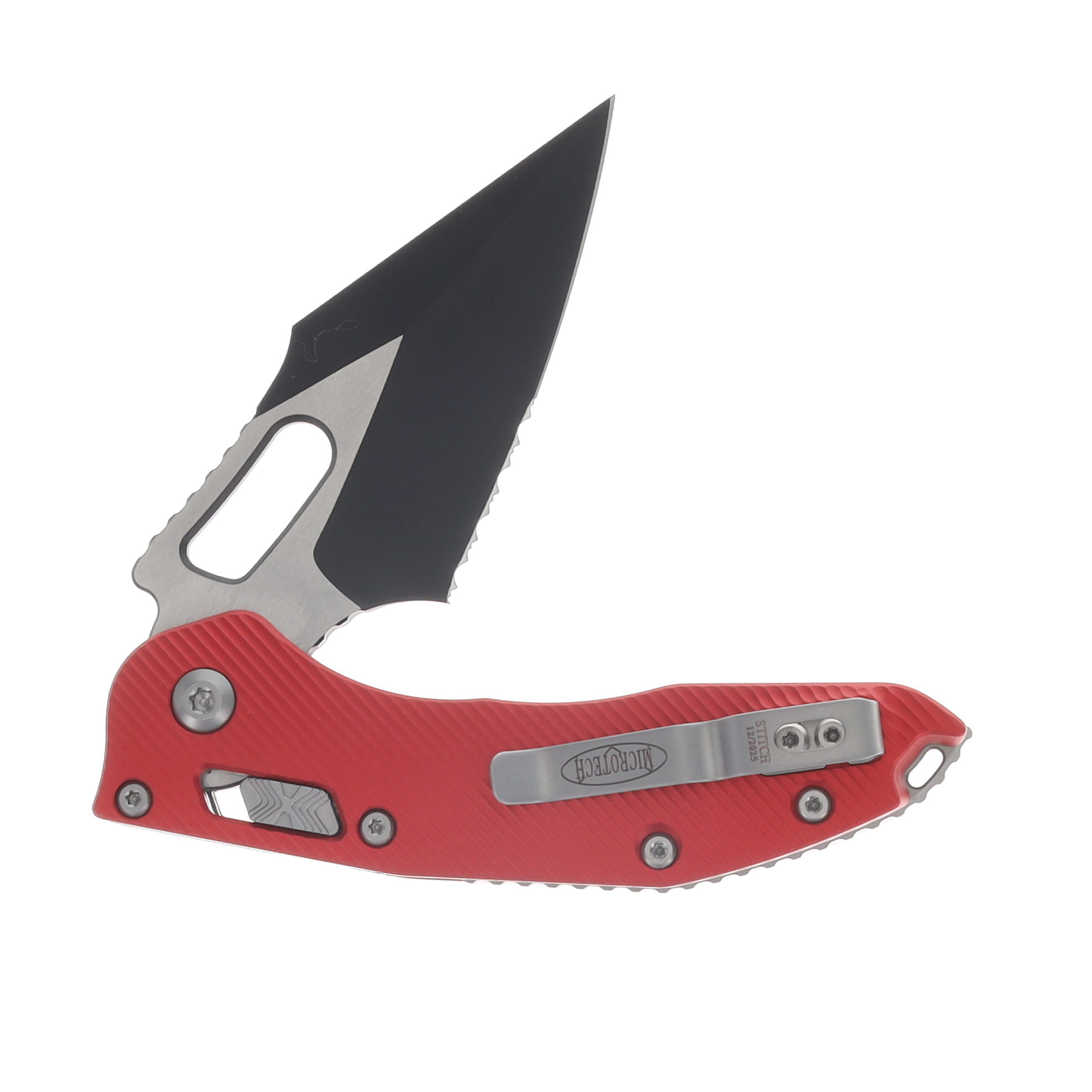 Microtech Stitch RAM-LOK Folding Knife Black Partially Serrated M390MK/Fluted Red MT169RL2FLRD View 4